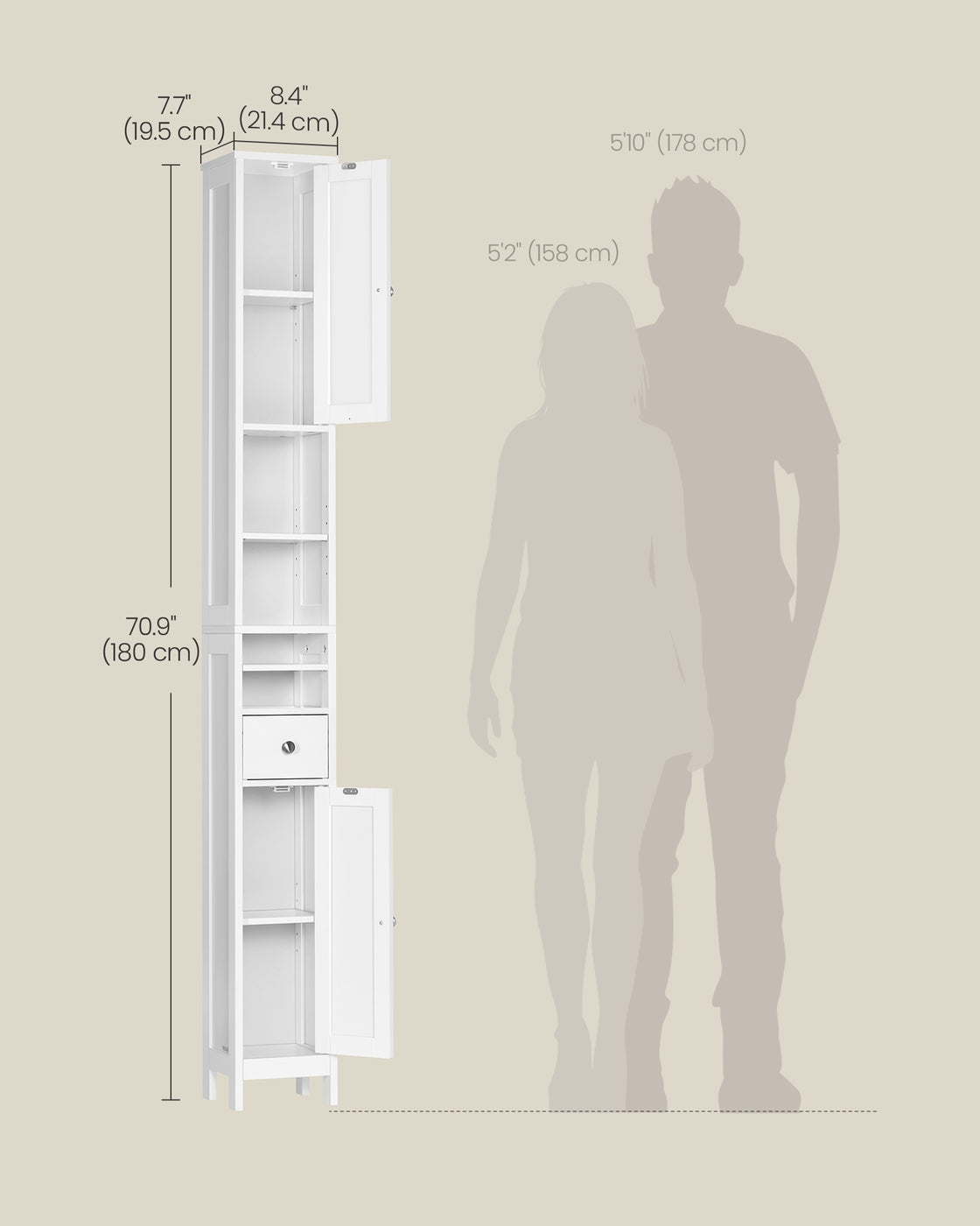 VASAGLE Tall Bathroom Cabinet, Slim Storage, Adjustable Shelves, Cloud White