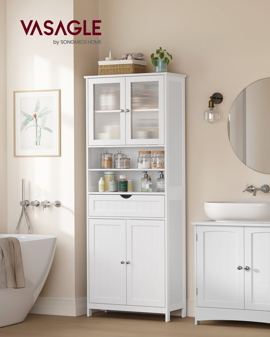 VASAGLE Storage Cabinet with Adjustable Shelves, Drawers and Open Compartments – Cloud White