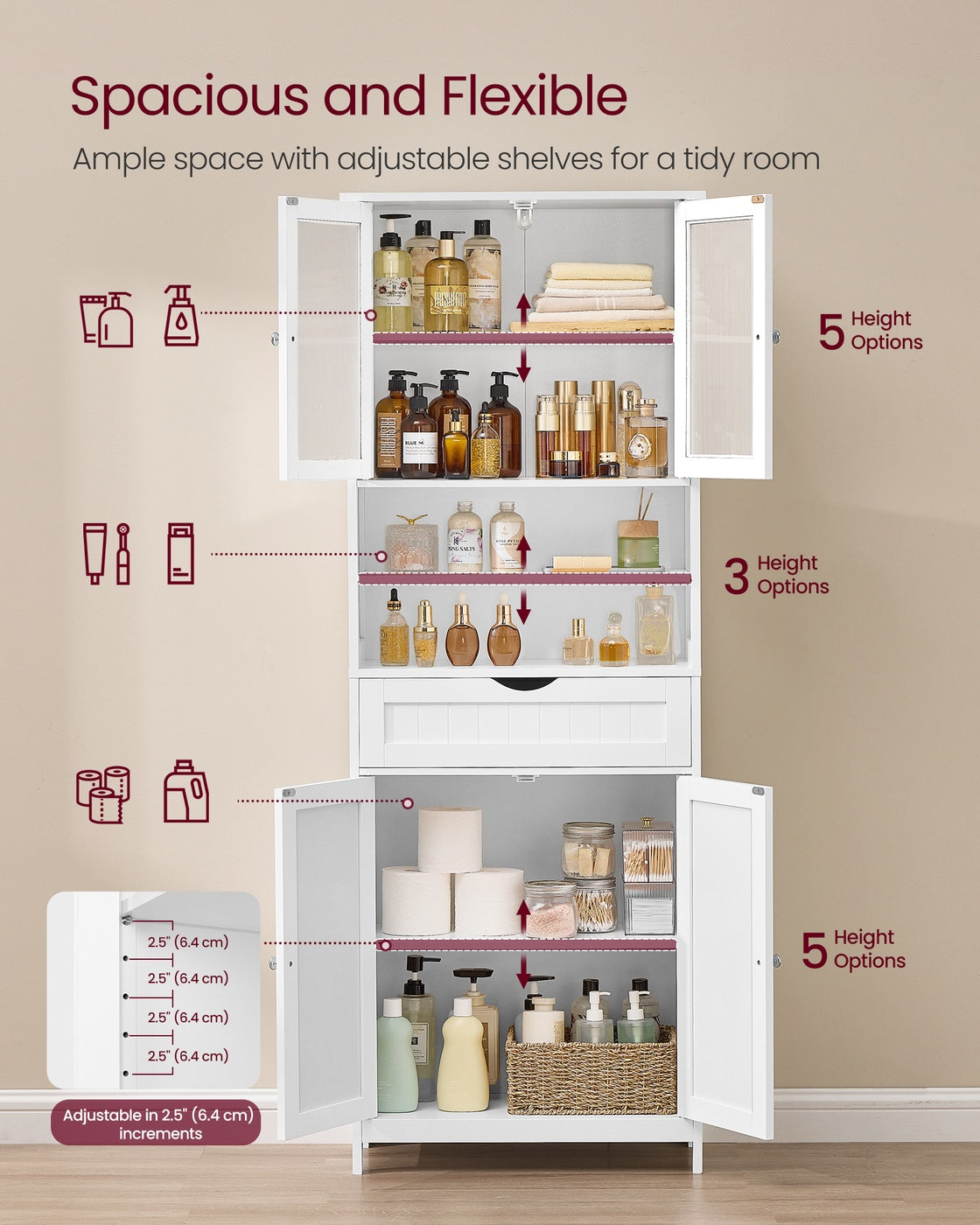 VASAGLE Storage Cabinet with Adjustable Shelves, Drawers and Open Compartments – Cloud White
