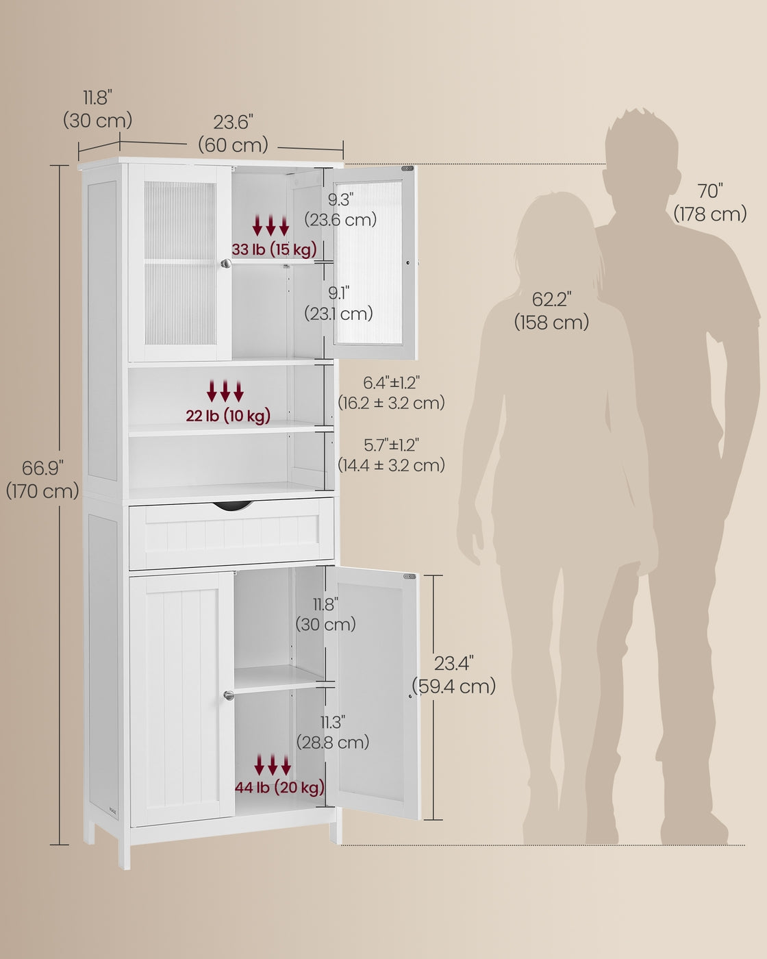 VASAGLE Storage Cabinet with Adjustable Shelves, Drawers and Open Compartments – Cloud White