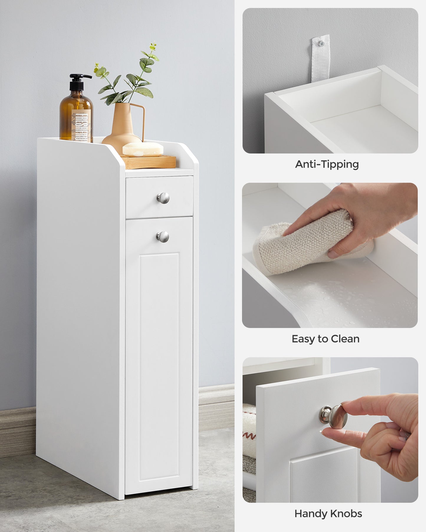 VASAGLE Slim Storage Cabinet, Narrow Storage Organizer with Slide Out Drawers – Cloud White