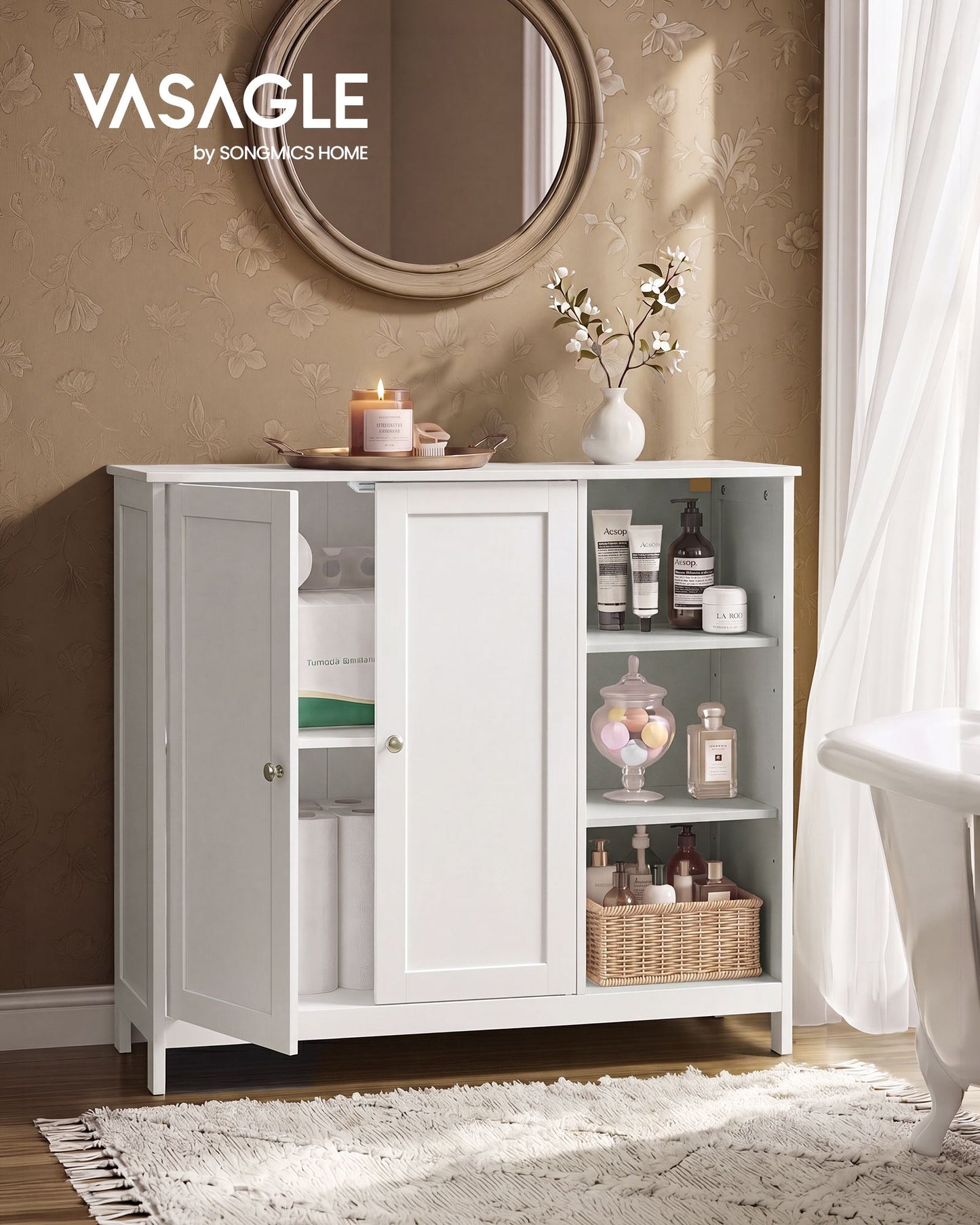 VASAGLE Bathroom Floor Cabinet, Freestanding Storage with 2 Doors | MDF Organizer – Cloud White