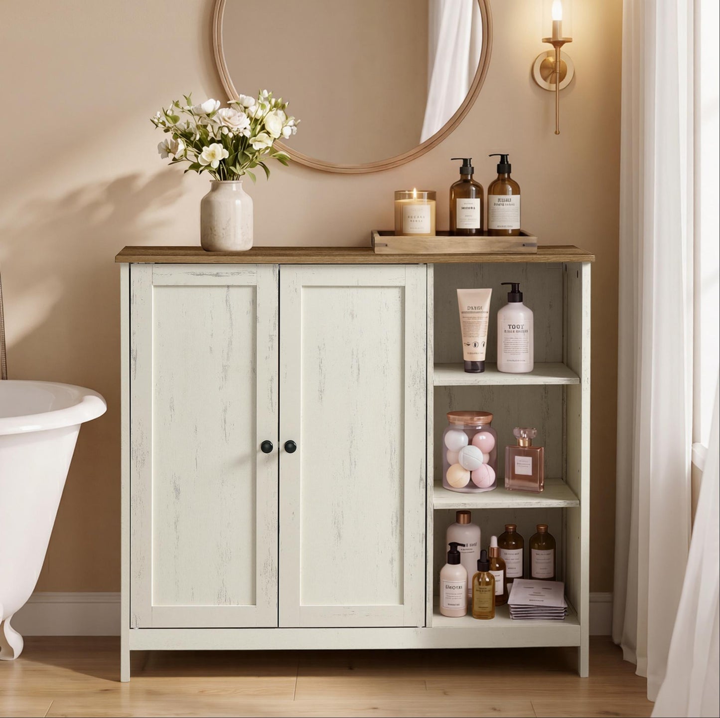 VASAGLE Bathroom Storage Cabinet, 2 Doors and Adjustable Shelves, 35.4" W Bathroom Floor Cabinet – Rustic White and Honey Brown