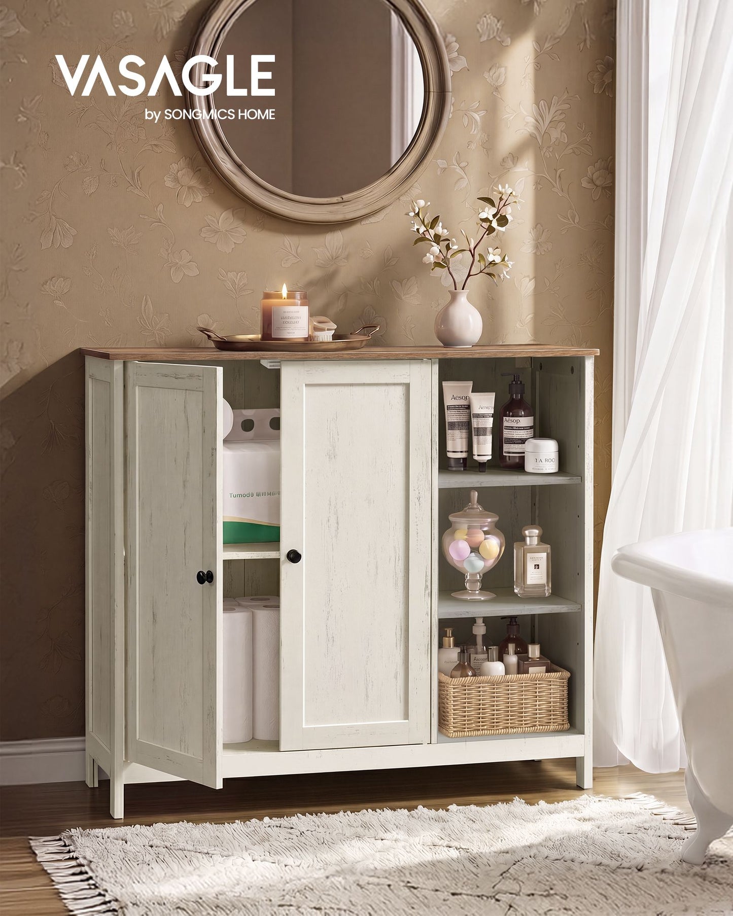 VASAGLE Bathroom Storage Cabinet, 2 Doors and Adjustable Shelves, 35.4" W Bathroom Floor Cabinet – Rustic White and Honey Brown