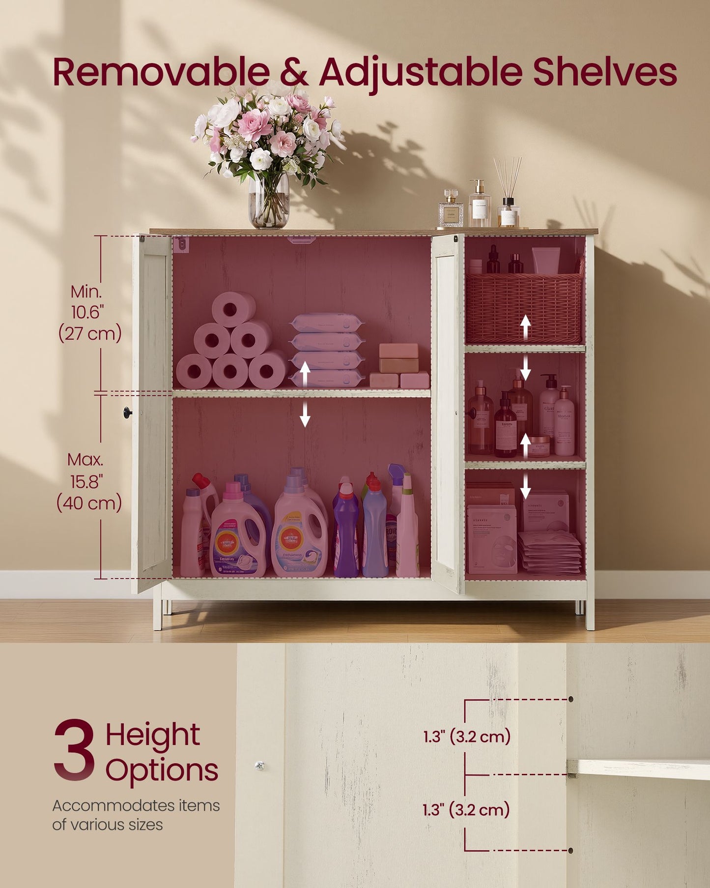 VASAGLE Bathroom Storage Cabinet, 2 Doors and Adjustable Shelves, 35.4" W Bathroom Floor Cabinet – Rustic White and Honey Brown