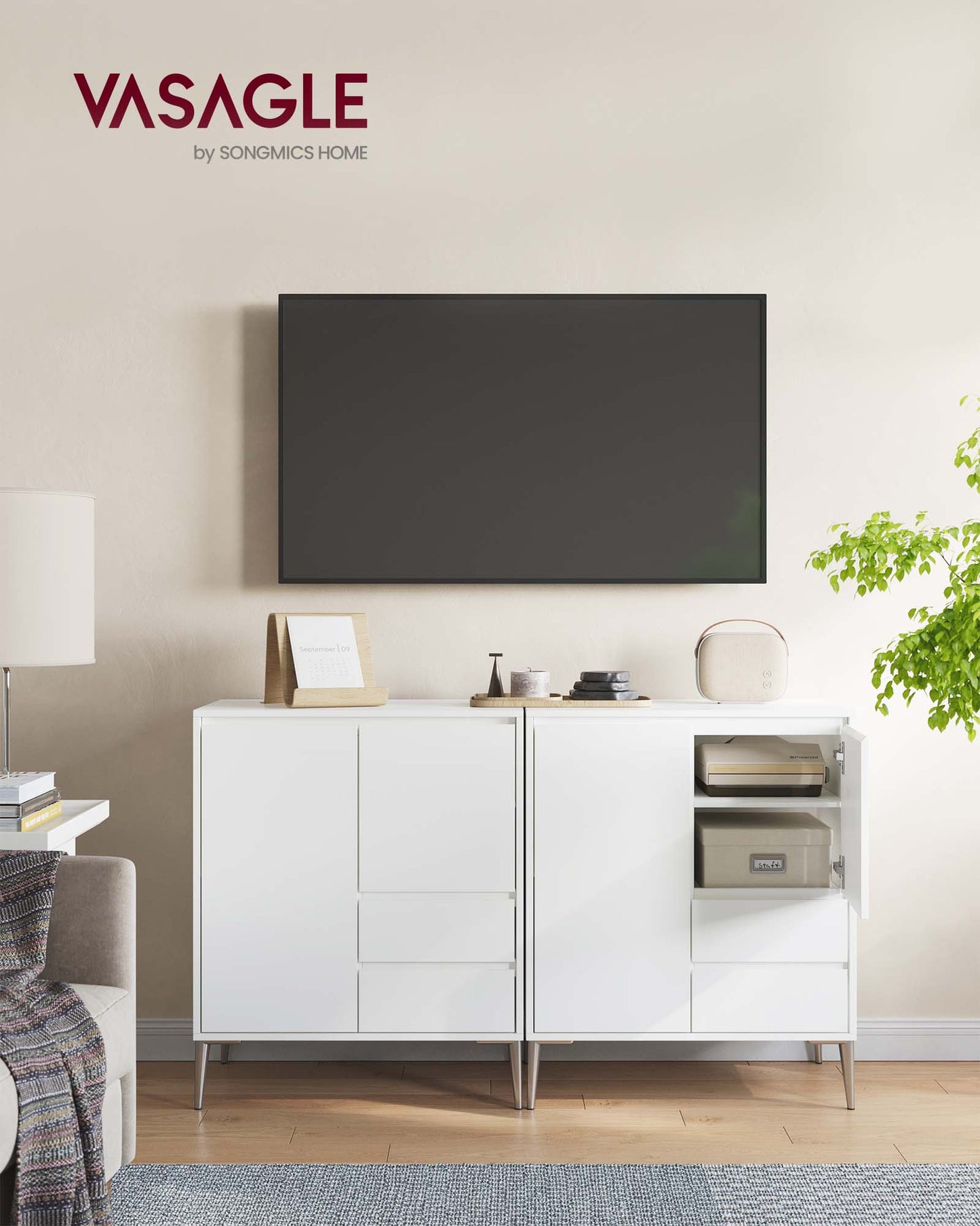 VASAGLE Sideboard, Buffet Cabinet with 2 Drawers – Cloud White
