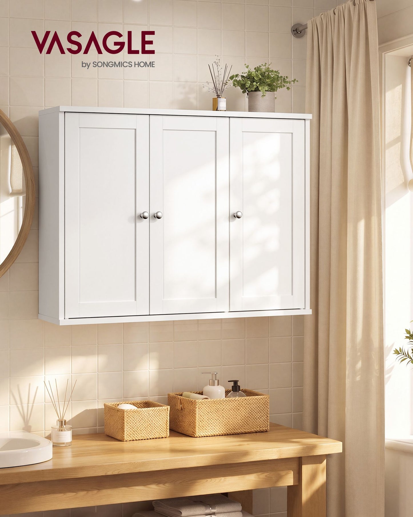 VASAGLE Farmhouse Wall Cabinet with Three Doors and Adjustable Shelf