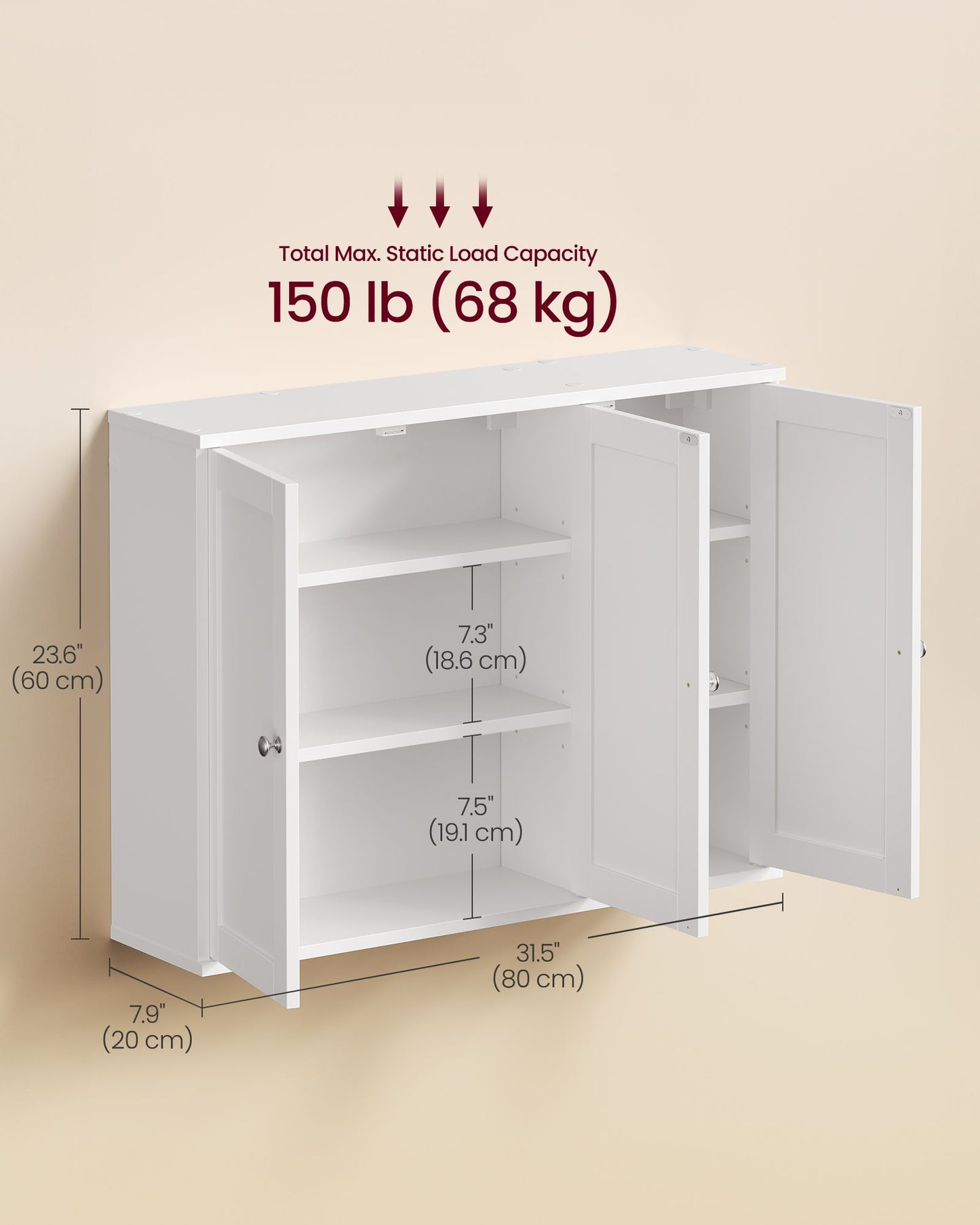 VASAGLE Farmhouse Wall Cabinet with Three Doors and Adjustable Shelf