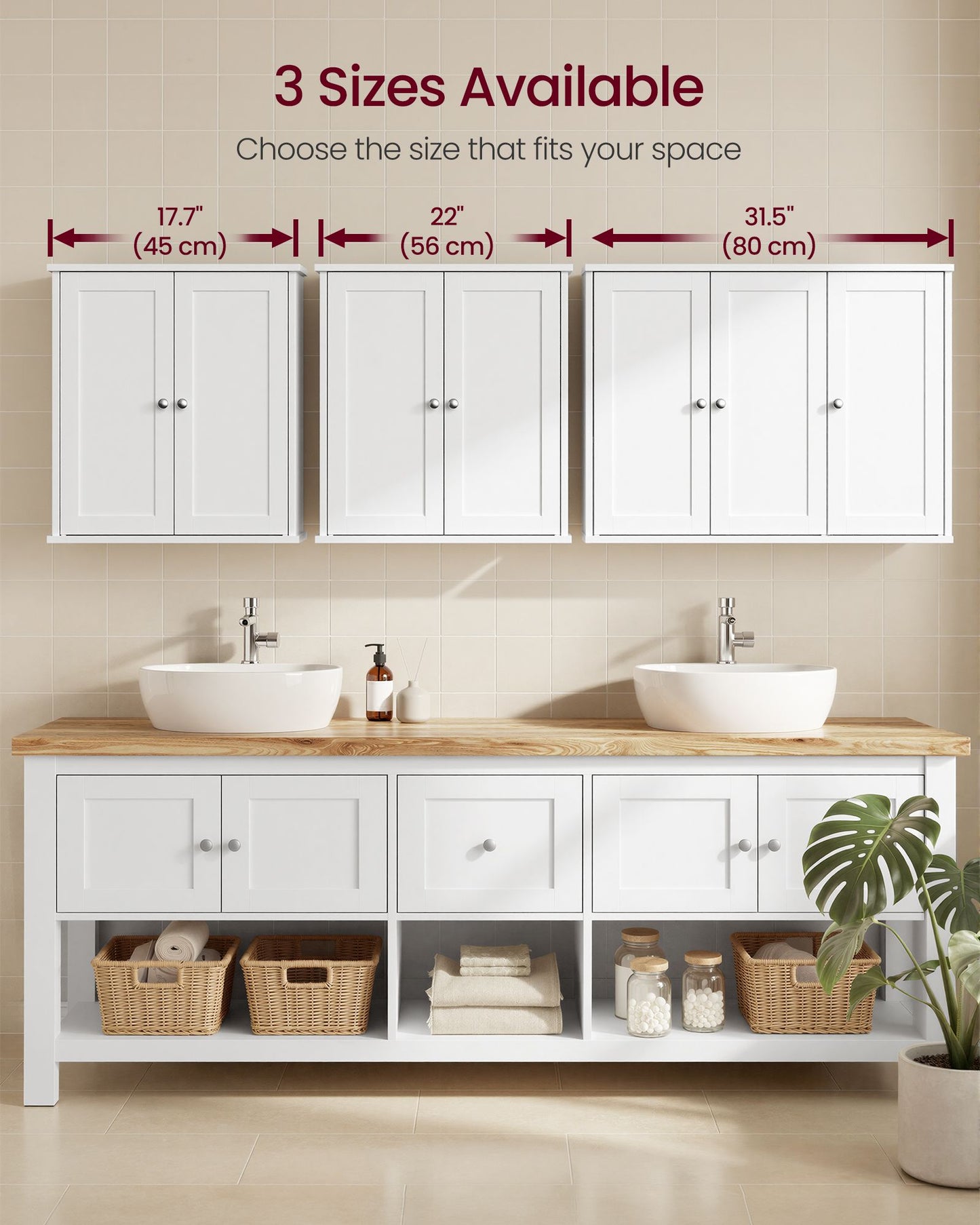 VASAGLE Farmhouse Wall Cabinet with Three Doors and Adjustable Shelf