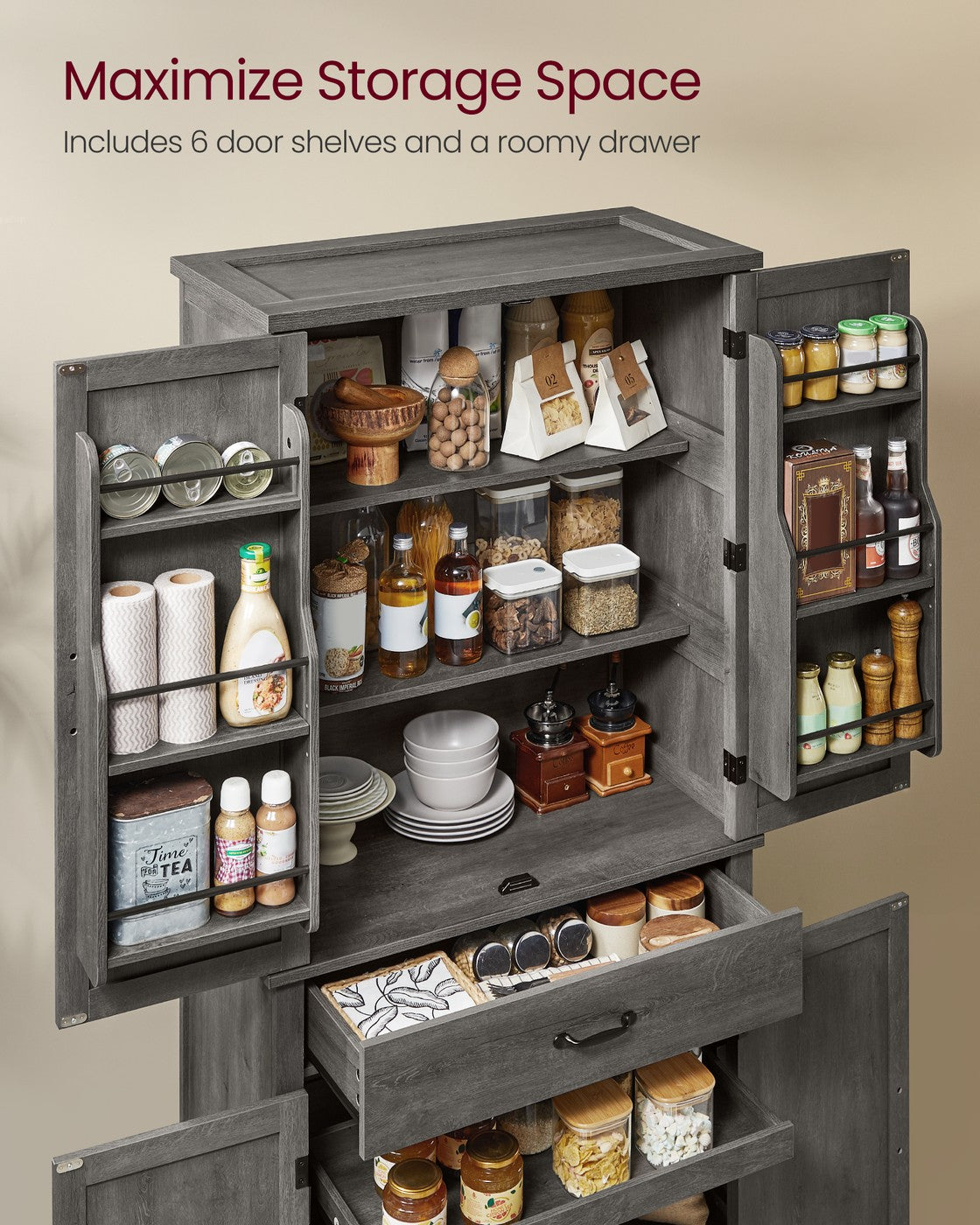 VASAGLE Liry Pantry Cabinet with Barn Doors – Misty Gray