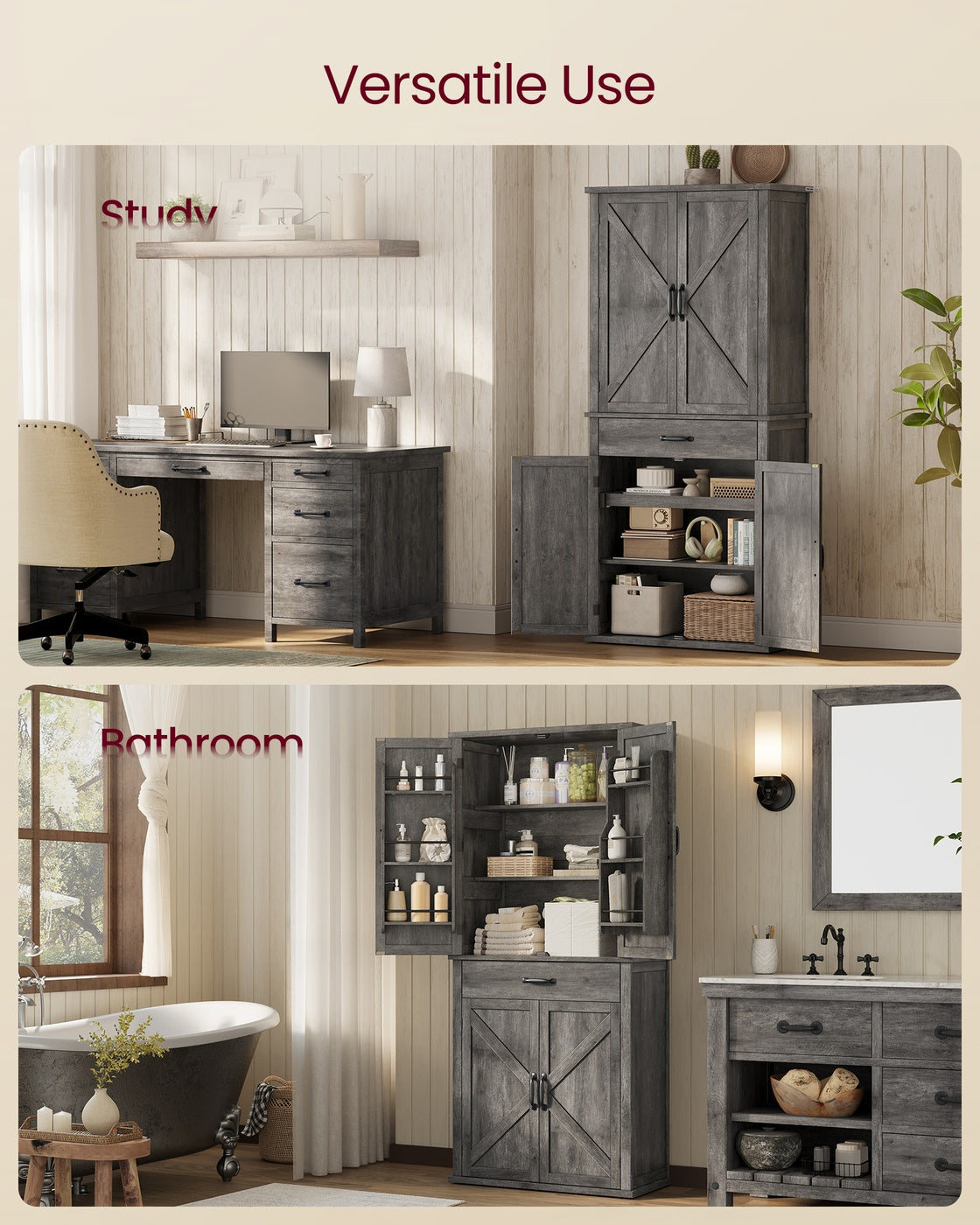 VASAGLE Liry Pantry Cabinet with Barn Doors – Misty Gray