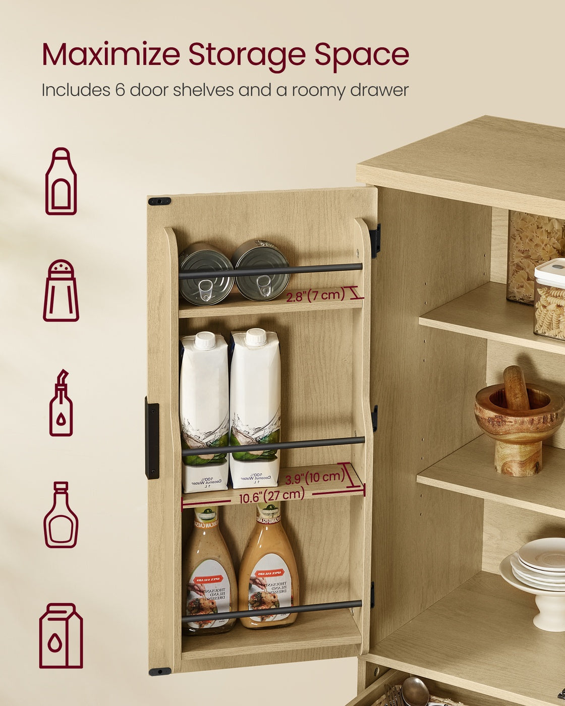 VASAGLE Pantry Cabinet, 15.7 X 30 X 71.7 Inches – Oak Beige