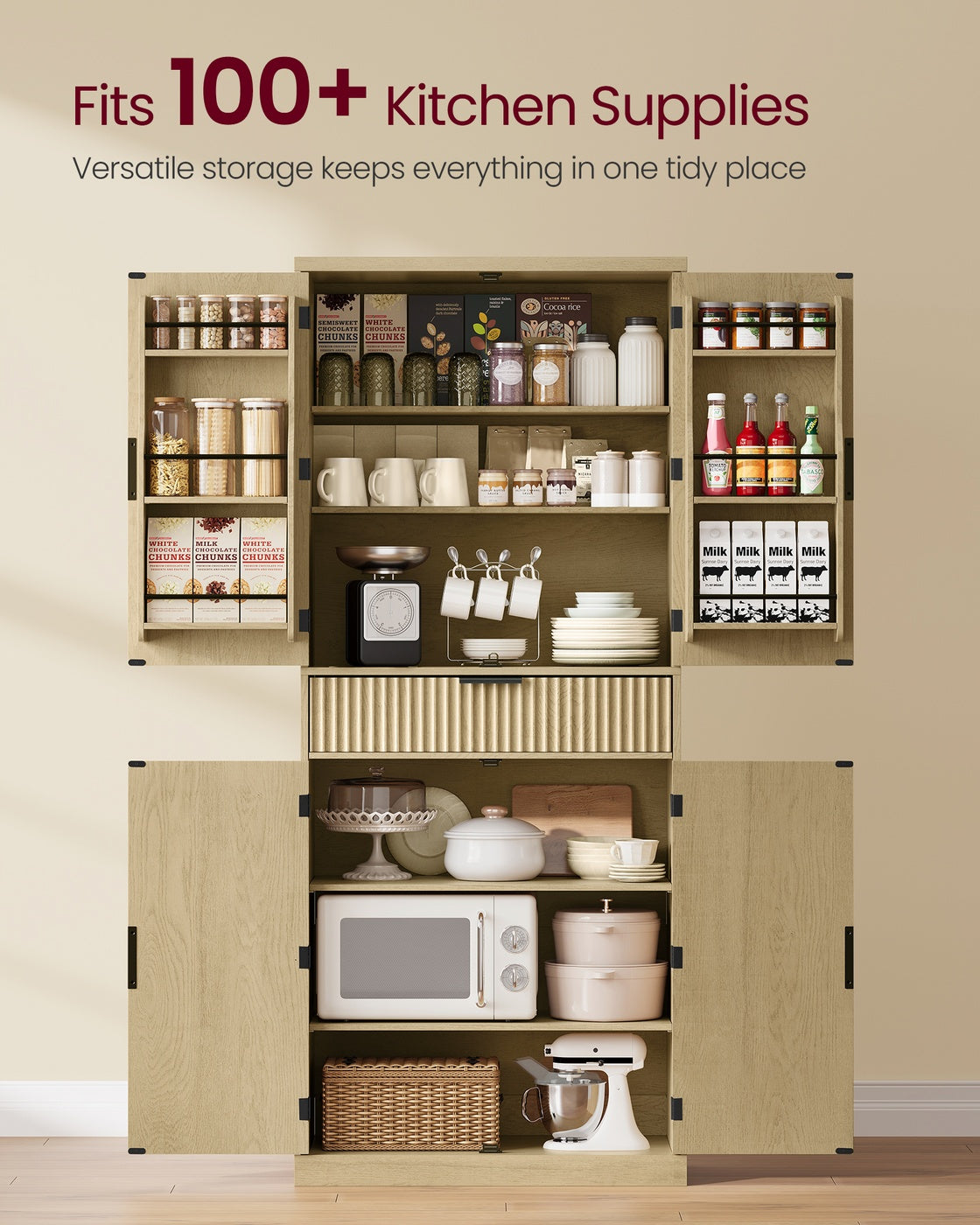VASAGLE Pantry Cabinet, 15.7 X 30 X 71.7 Inches – Oak Beige