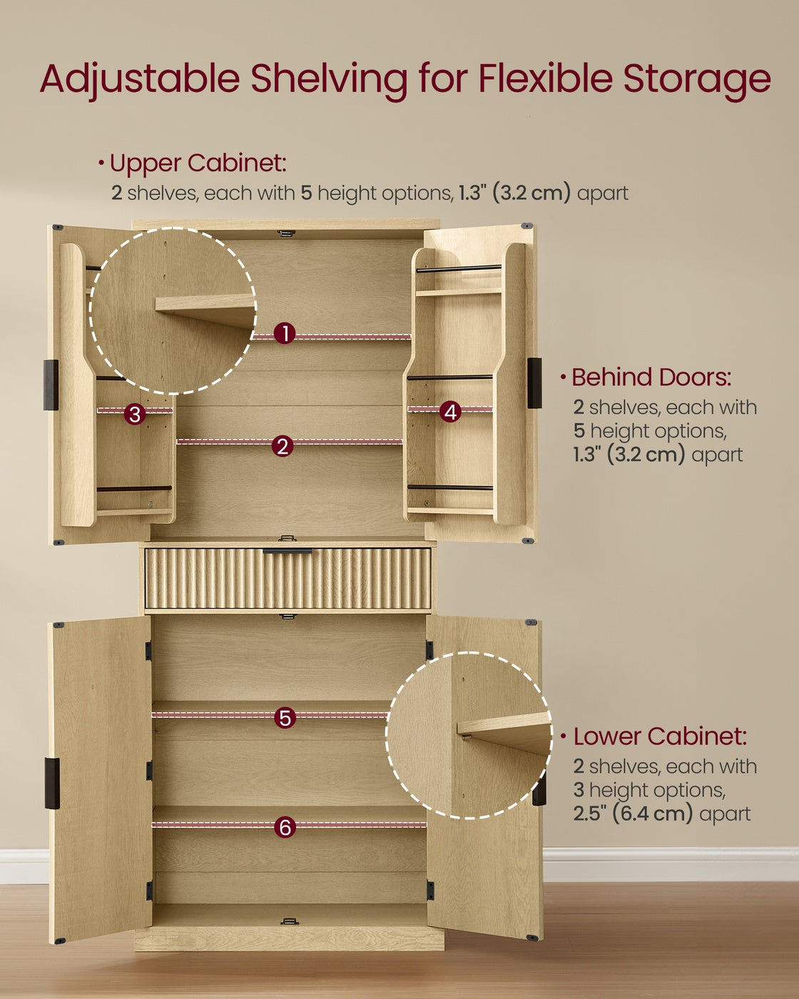 VASAGLE Pantry Cabinet, 15.7 X 30 X 71.7 Inches – Oak Beige