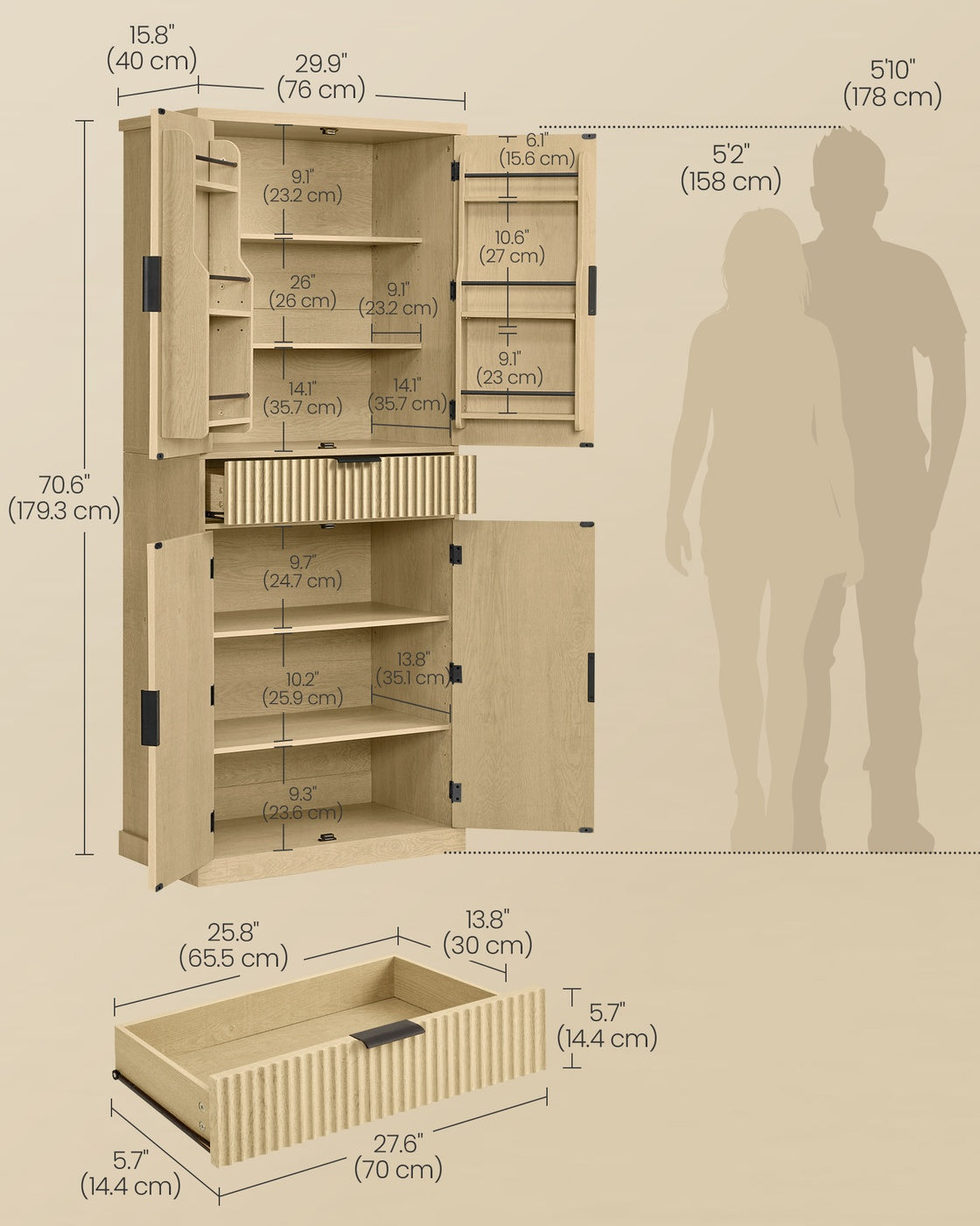 VASAGLE Pantry Cabinet, 15.7 X 30 X 71.7 Inches – Oak Beige