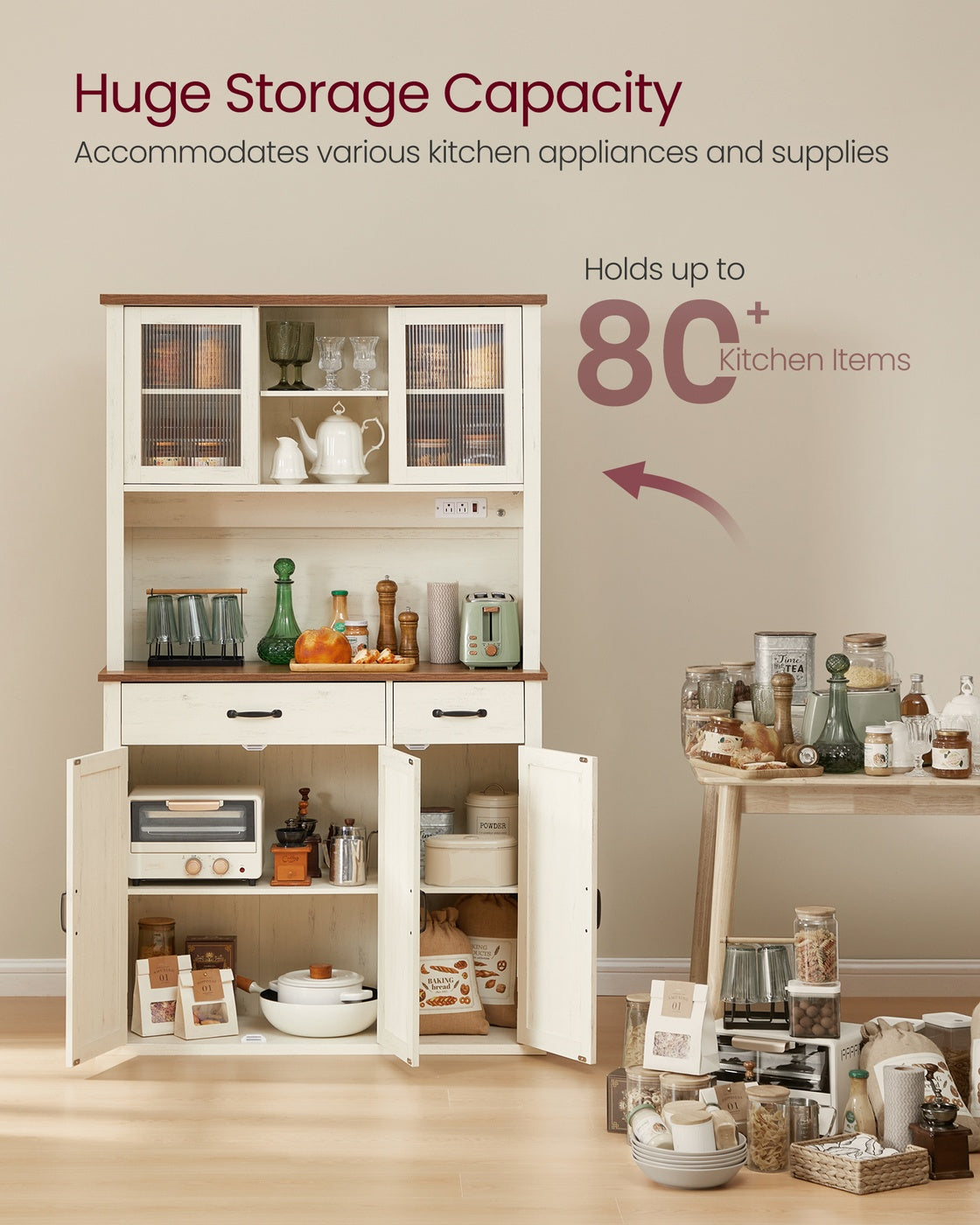 VASAGLE Pantry Cabinet with Lights and Charging Station 15.6 X 41.9 X 71.1 Inches Rustic White