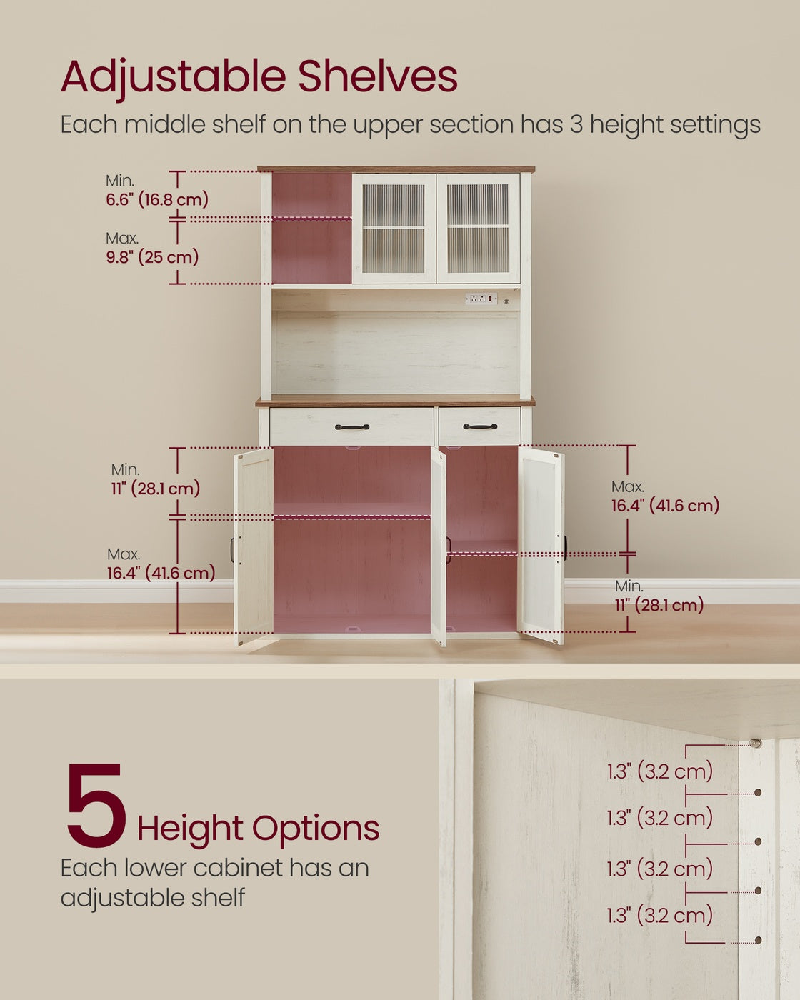 VASAGLE Pantry Cabinet with Lights and Charging Station 15.6 X 41.9 X 71.1 Inches Rustic White