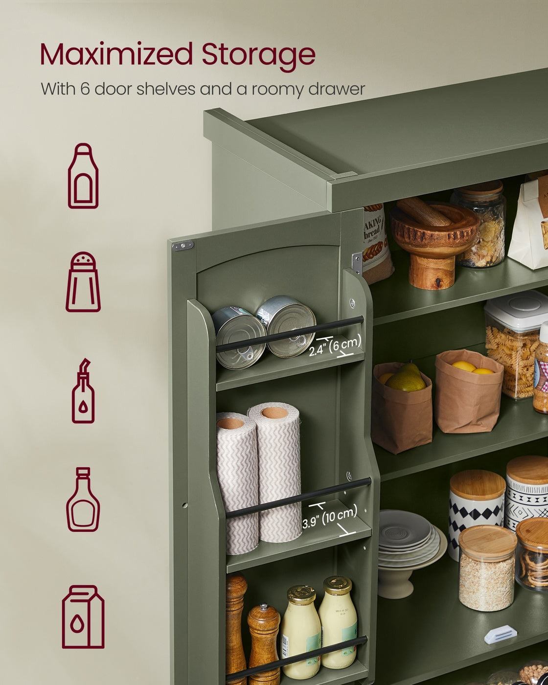 VASAGLE Pantry Cabinet, Tall Storage, 15.7 X 30 X 71.7 Inches, Forest Green