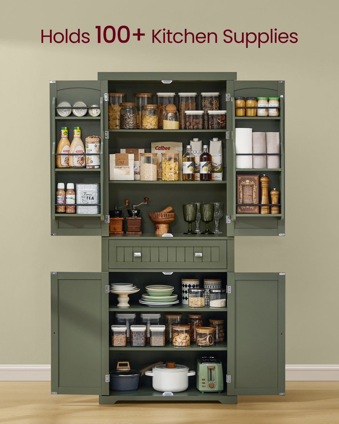 VASAGLE Pantry Cabinet, Tall Storage, 15.7 X 30 X 71.7 Inches, Forest Green