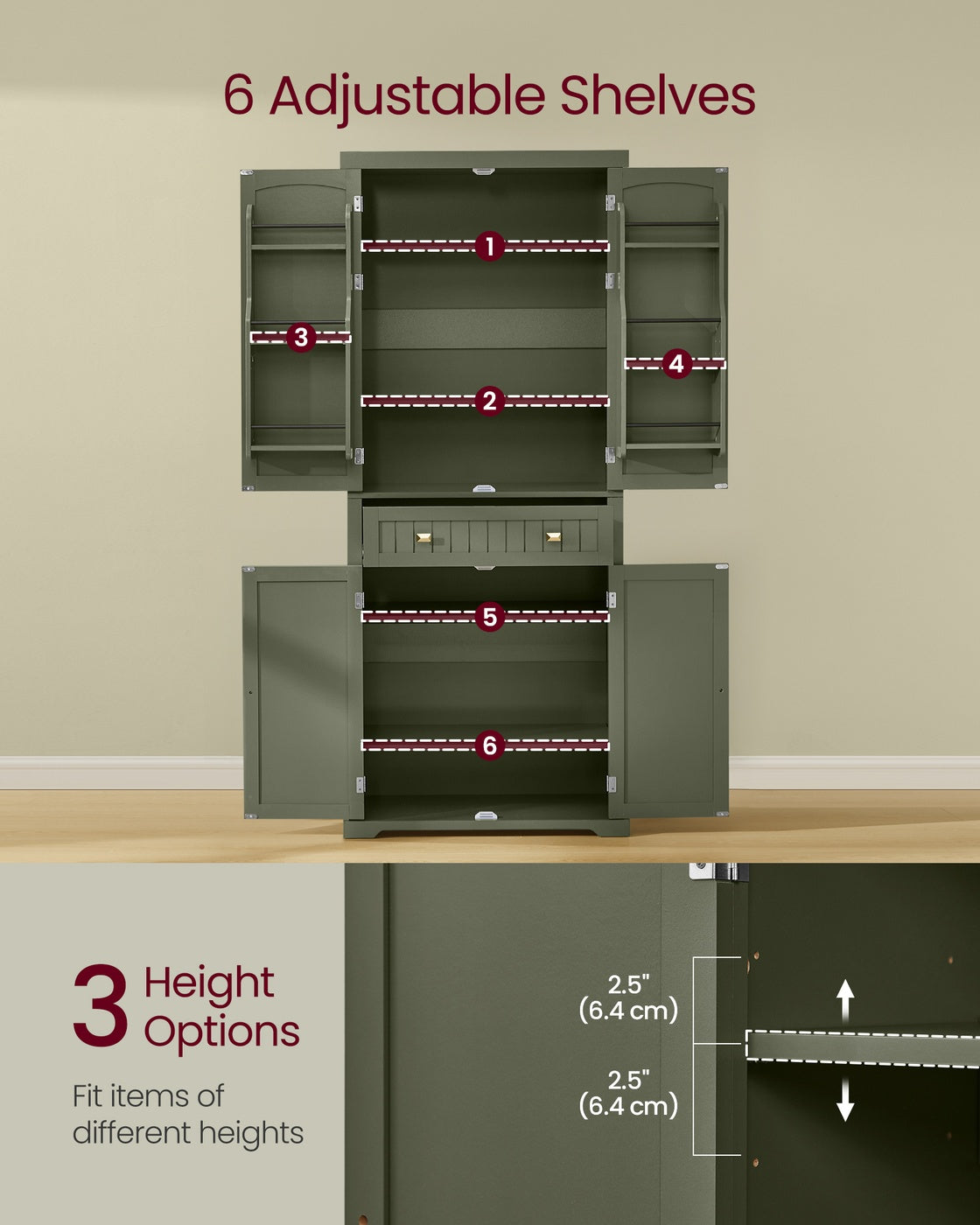 VASAGLE Pantry Cabinet, Tall Storage, 15.7 X 30 X 71.7 Inches, Forest Green