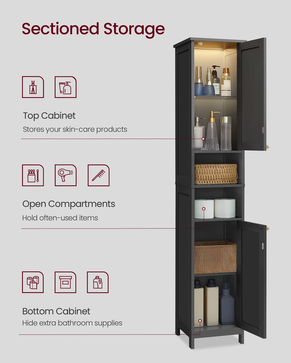 VASAGLE Tall Storage Cabinet with Lights Matte Black