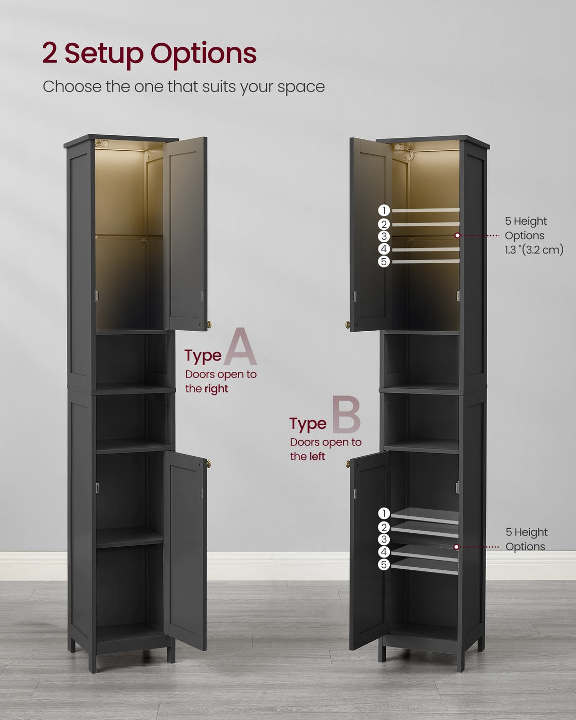 VASAGLE Tall Storage Cabinet with Lights Matte Black