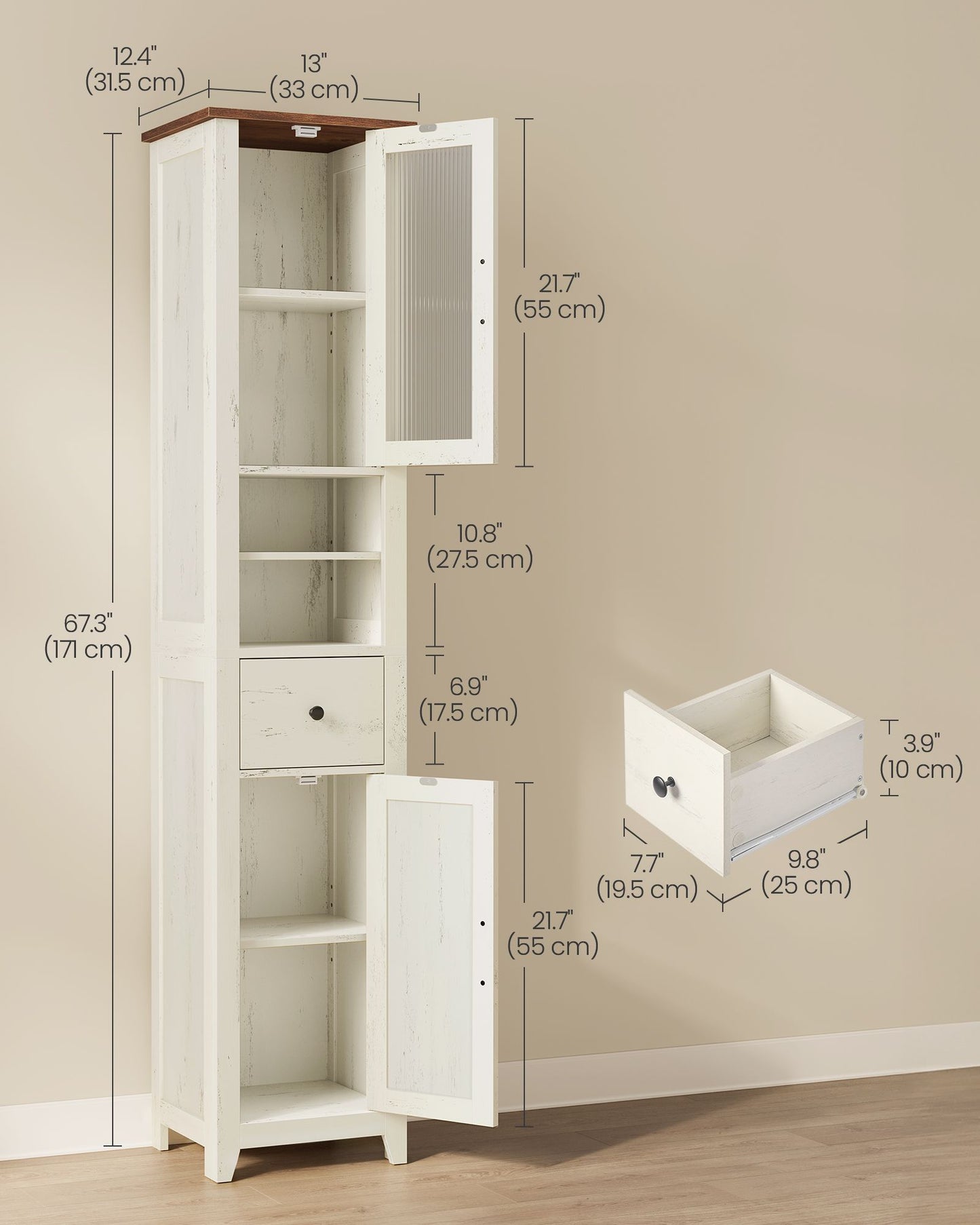 VASAGLE Tall Farmhouse Bathroom Cabinet with Drawer and Doors