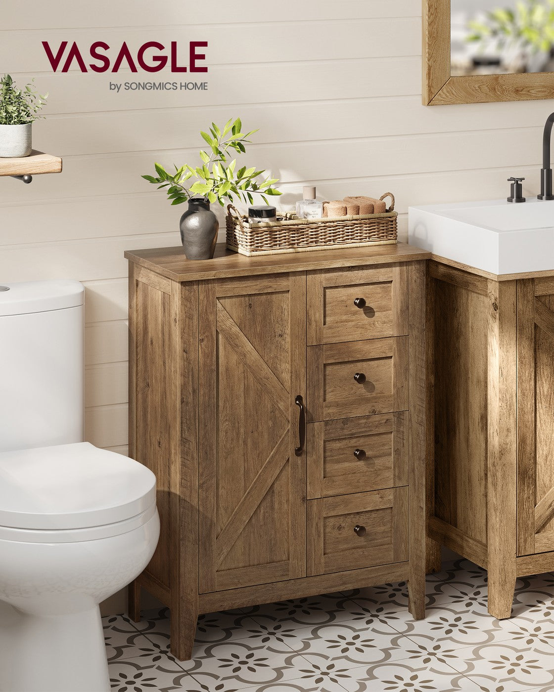 VASAGLE Liry Farmhouse Bathroom Floor Cabinet with 4 Drawers – Honey Brown