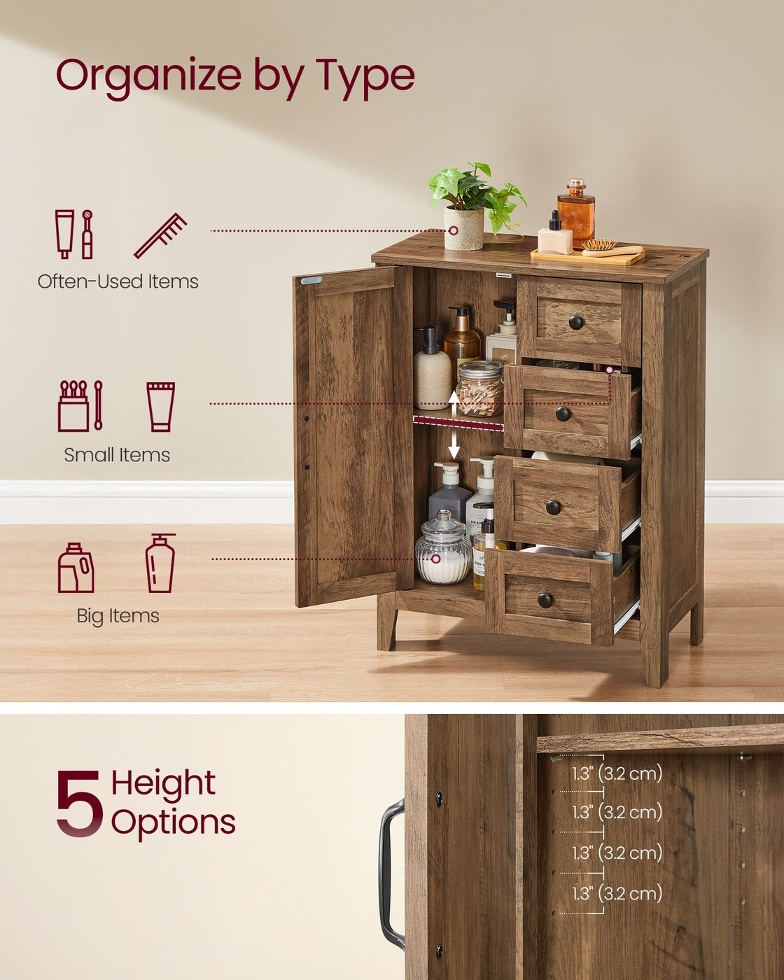 VASAGLE Liry Farmhouse Bathroom Floor Cabinet with 4 Drawers – Honey Brown