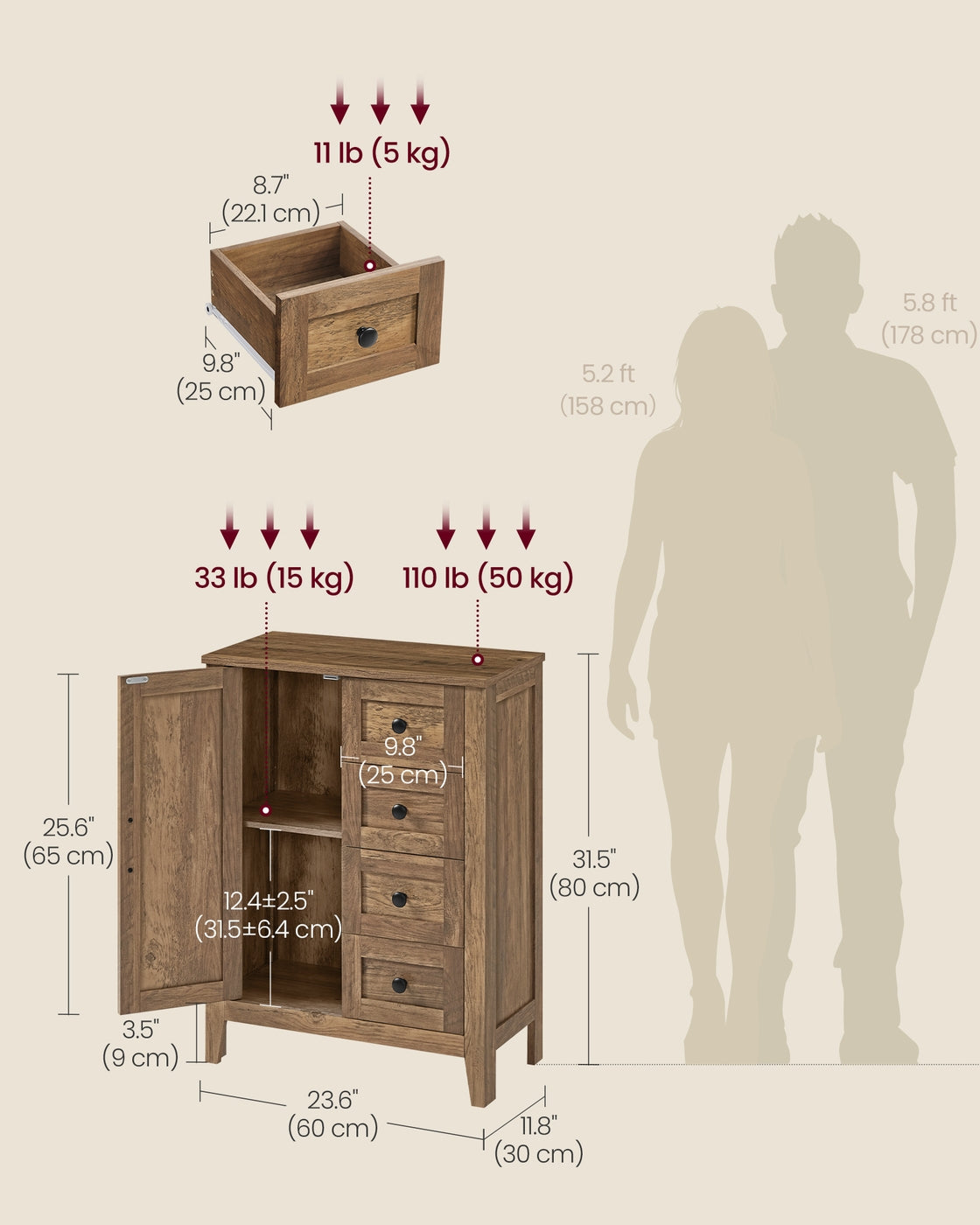 VASAGLE Liry Farmhouse Bathroom Floor Cabinet with 4 Drawers – Honey Brown