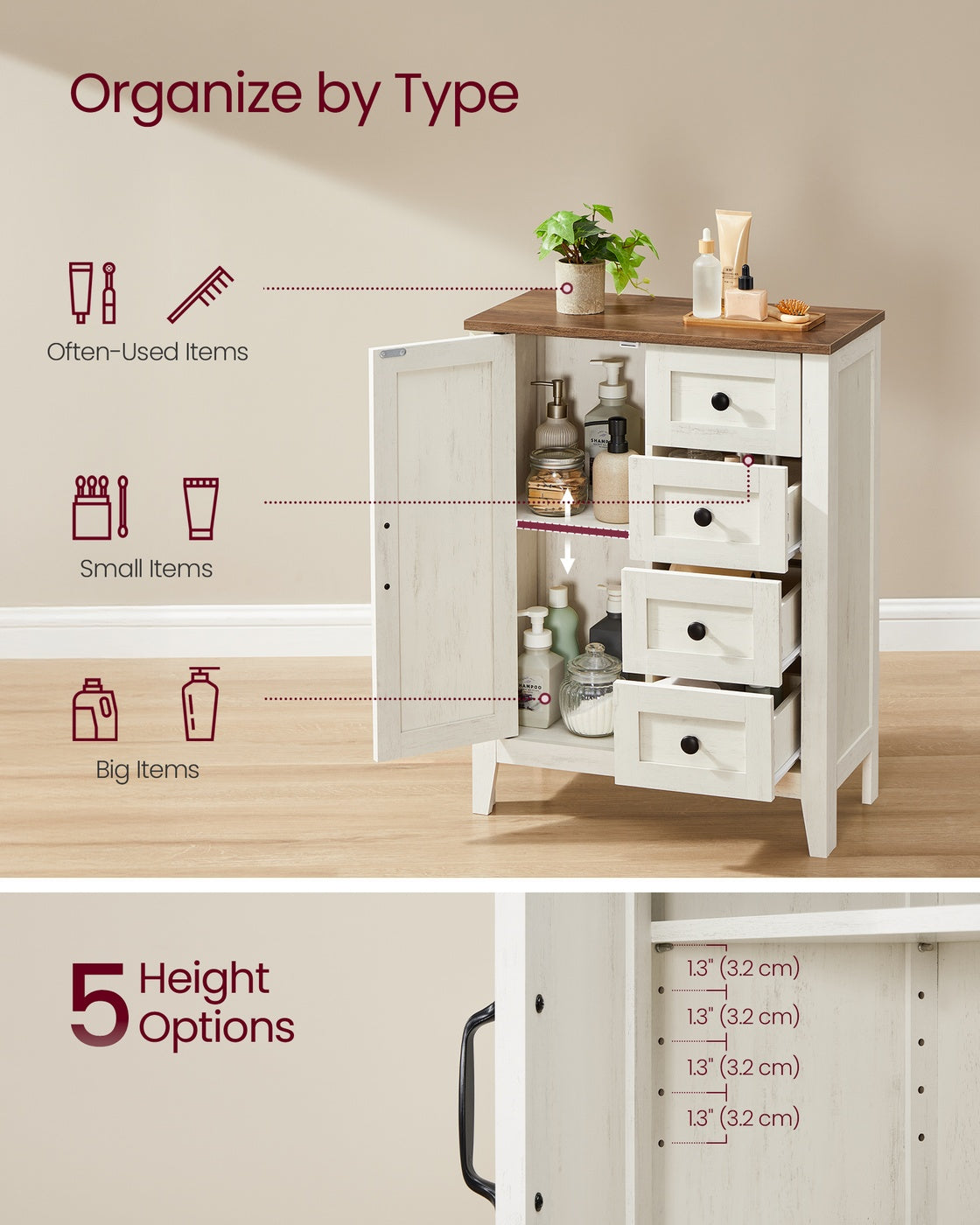 VASAGLE Liry Farmhouse Bathroom Floor Cabinet with 4 Drawers – Rustic White