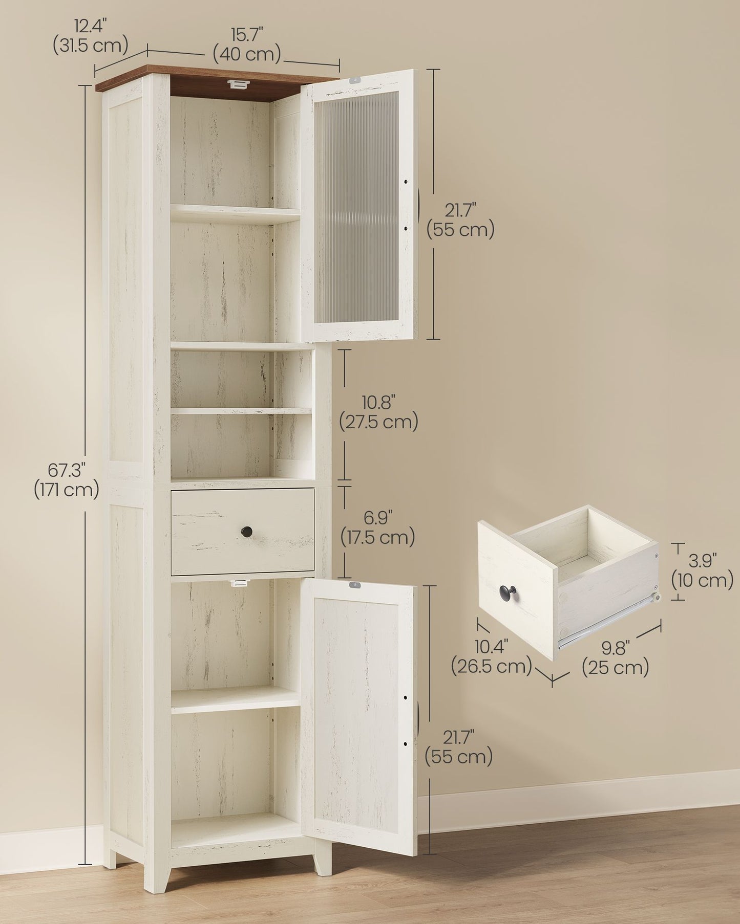 VASAGLE Tall Narrow Freestanding Bathroom Cabinet with Drawer and Doors