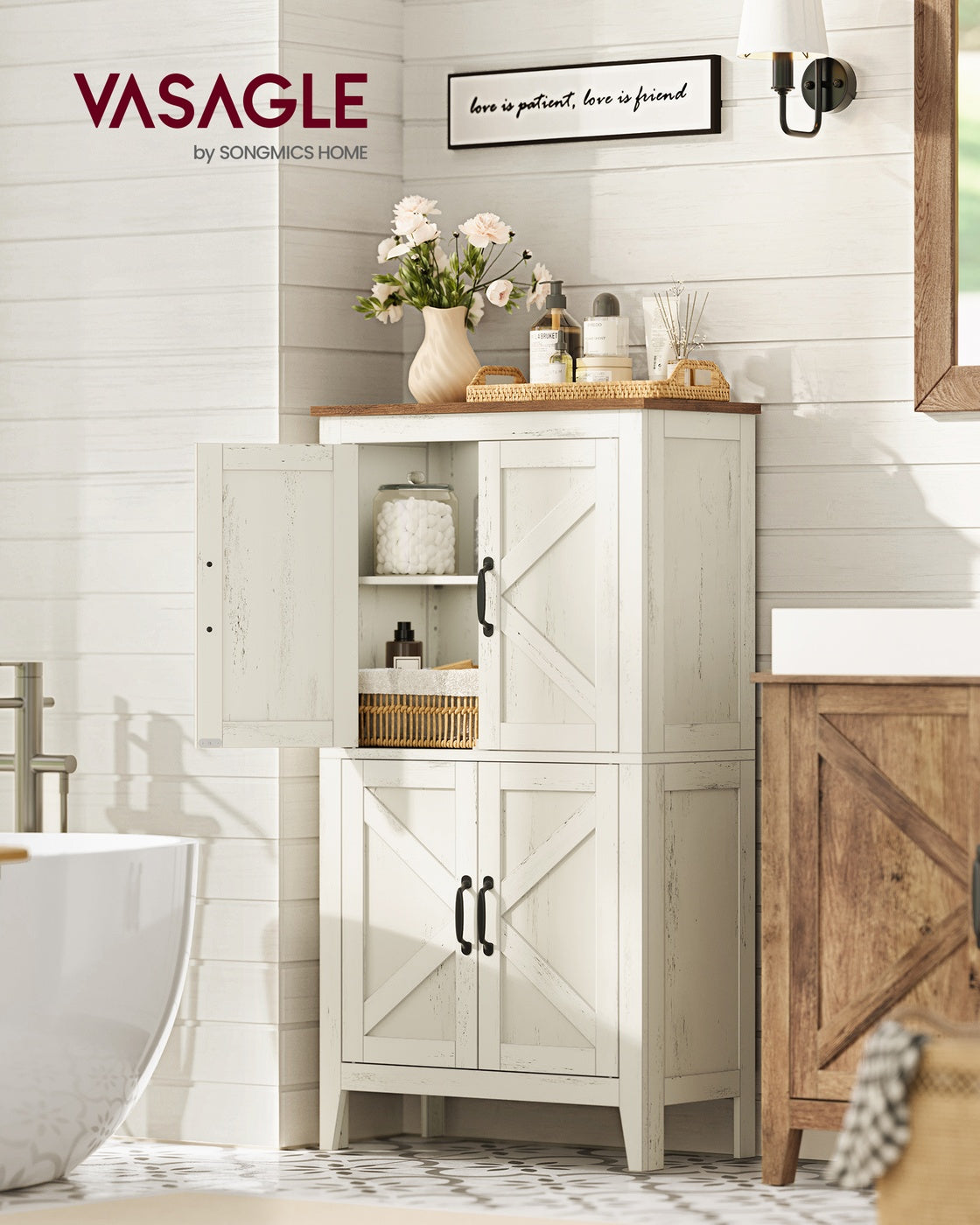 VASAGLE Liry Farmhouse Storage Cabinet with Barn Doors – Rustic White