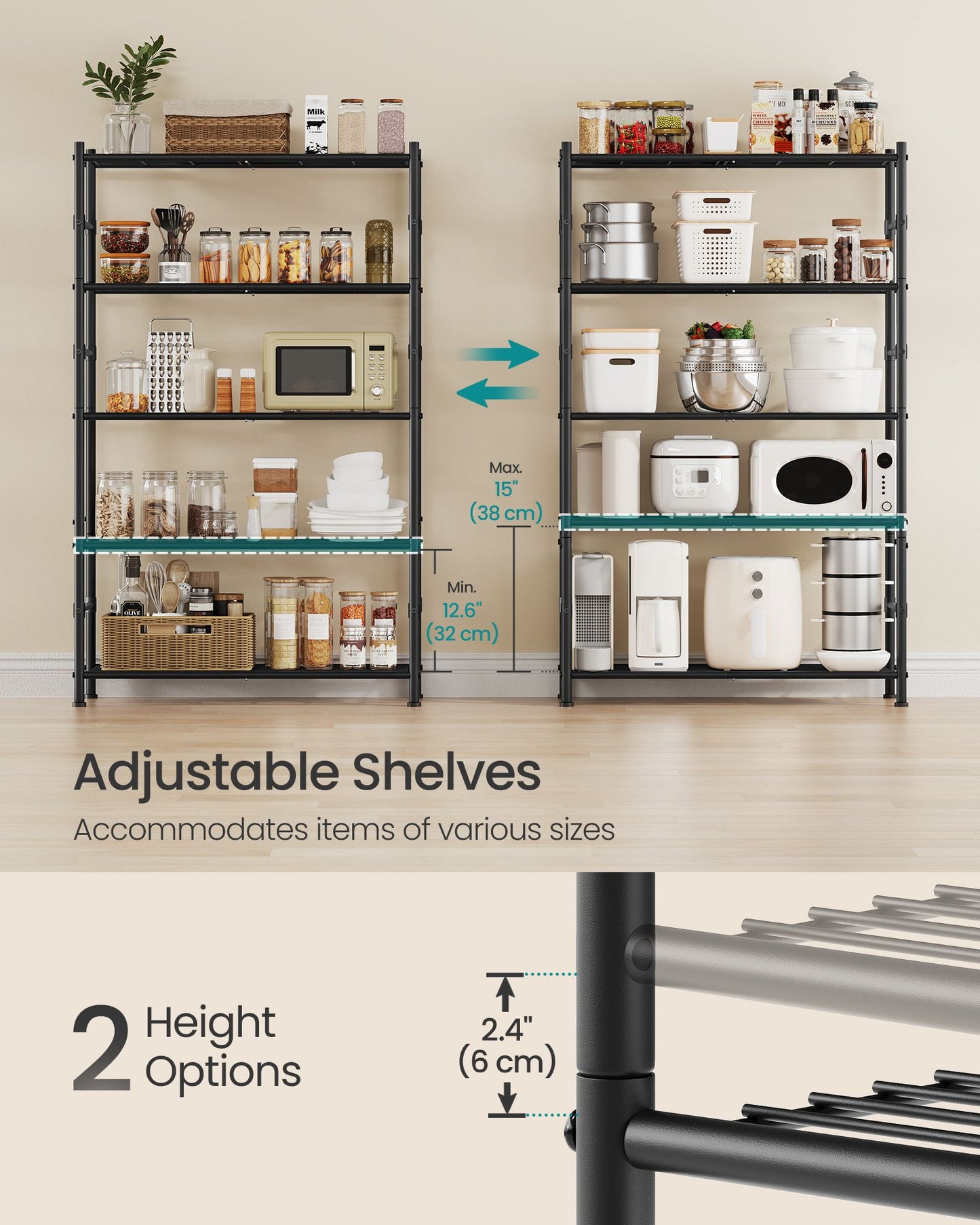 SONGMICS 5-Tier Metal Storage Shelf Heavy-Duty Adjustable Wire Shelving Unit for Kitchen – Matte Black