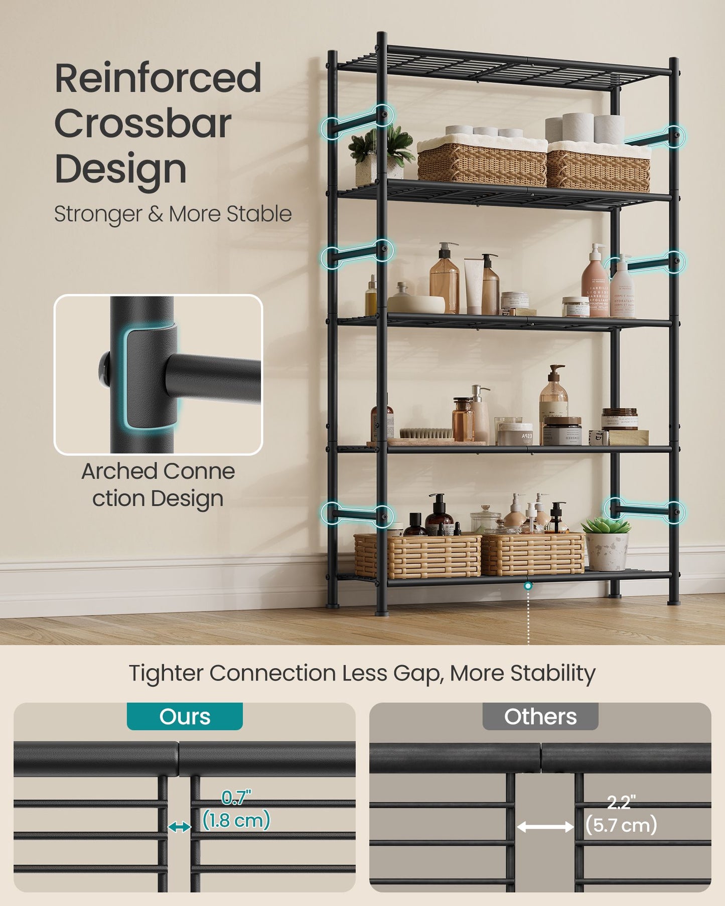 SONGMICS 5-Tier Metal Storage Shelf Heavy-Duty Adjustable Wire Shelving Unit for Kitchen – Matte Black