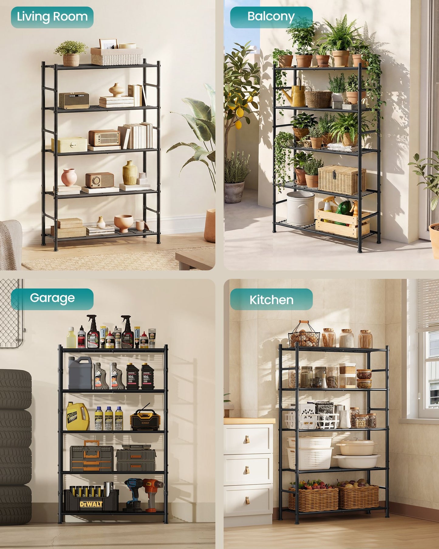 SONGMICS 5-Tier Metal Storage Shelf Heavy-Duty Adjustable Wire Shelving Unit for Kitchen – Matte Black