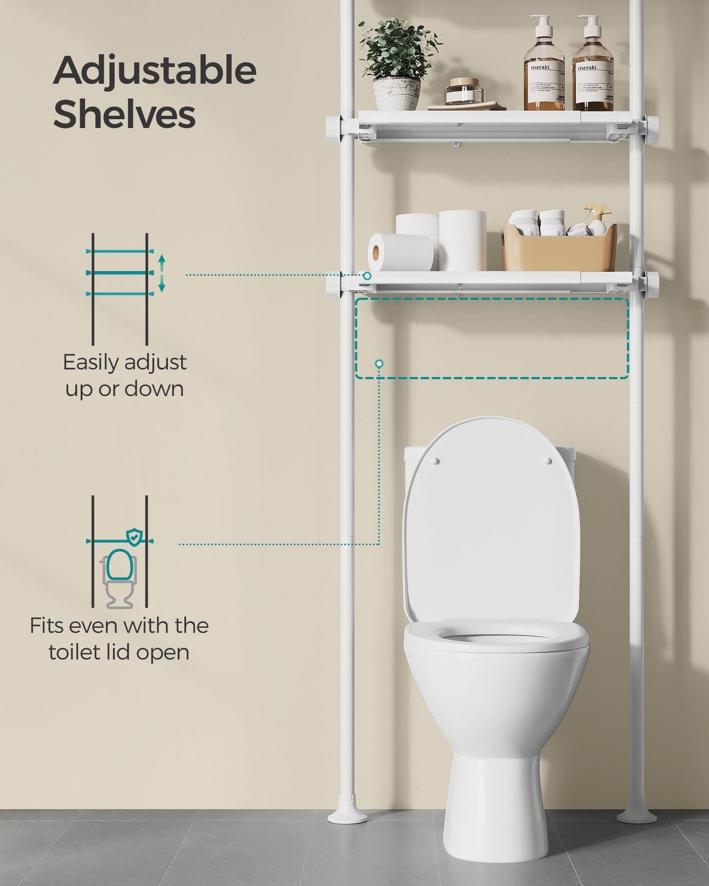 4-Tier Metal Over-the-Toilet Storage Shelf Pearl White