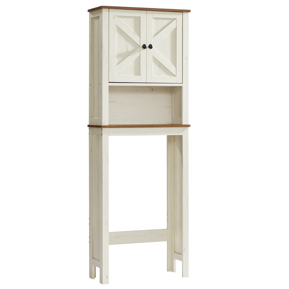 VASAGLE Liry Over the Toilet Storage Cabinet with Barn Doors and Adjustable Shelf – Rustic White – 9.8"D x 23.6"W x 66.4"H