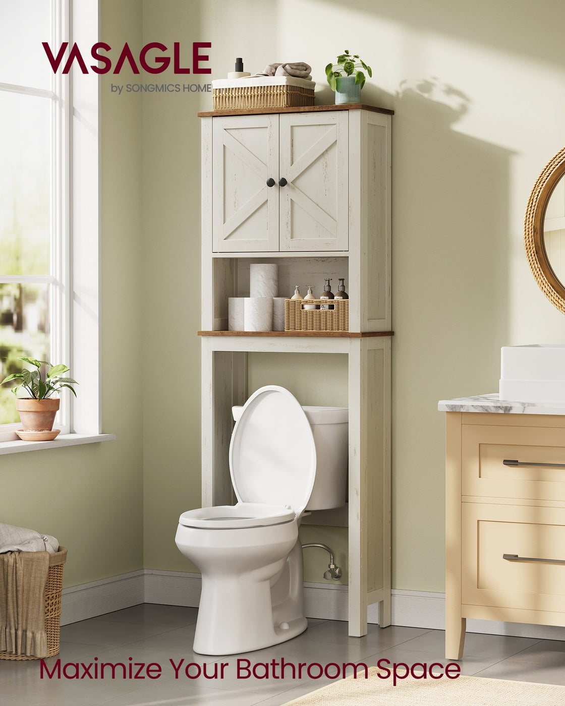 VASAGLE Liry Over the Toilet Storage Cabinet with Barn Doors and Adjustable Shelf – Rustic White – 9.8"D x 23.6"W x 66.4"H