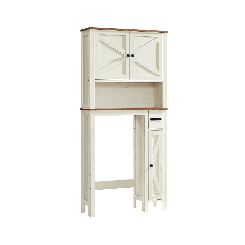 VASAGLE Liry Over the Toilet Storage Cabinet with Barn Doors and Adjustable Shelf – Rustic White – 9.8"D x 31.8"W x 66.9"H