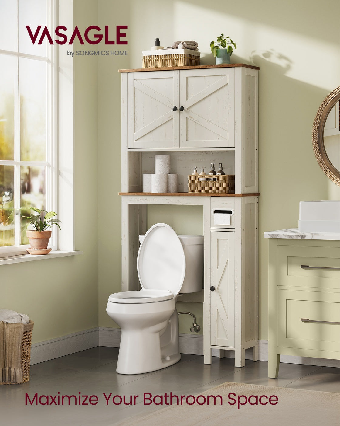 VASAGLE Liry Over the Toilet Storage Cabinet with Barn Doors and Adjustable Shelf – Rustic White – 9.8"D x 31.8"W x 66.9"H