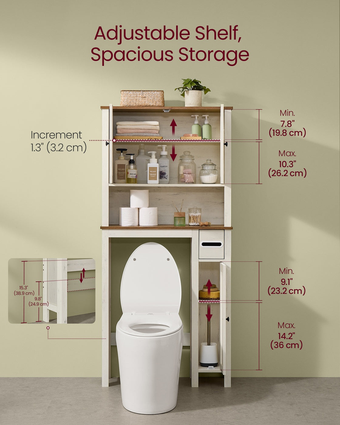 VASAGLE Liry Over the Toilet Storage Cabinet with Barn Doors and Adjustable Shelf – Rustic White – 9.8"D x 31.8"W x 66.9"H
