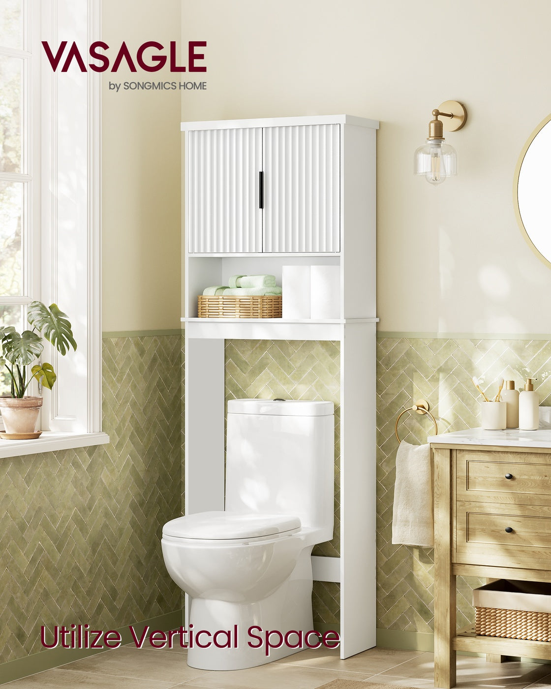 VASAGLE Maxe Over the Toilet Storage Cabinet, 23.6-Inch Wide Mid Century Modern, Cloud White