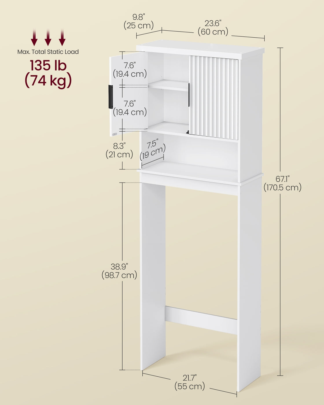 VASAGLE Maxe Over the Toilet Storage Cabinet, 23.6-Inch Wide Mid Century Modern, Cloud White