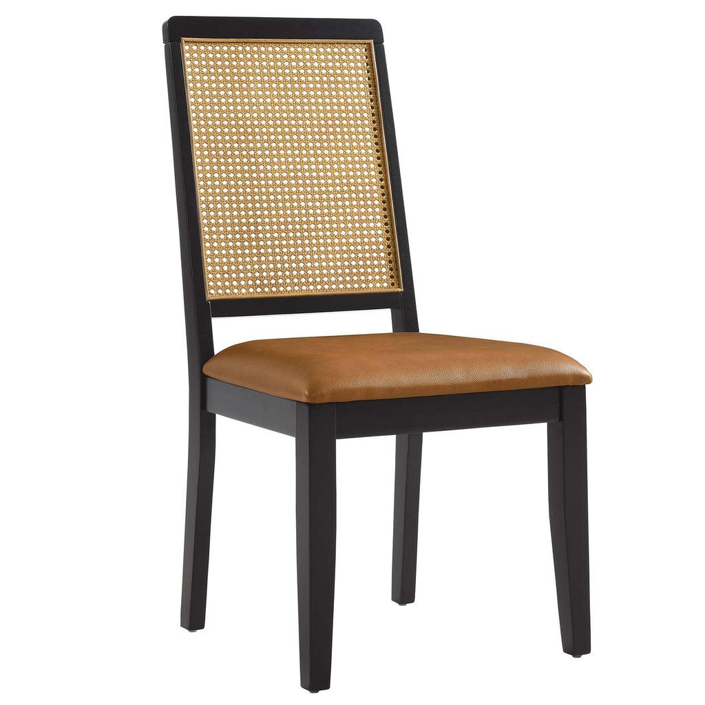 Modway Arlo Vegan Leather Upholstered Faux Rattan and Wood Dining Side Chairs - Set of 2