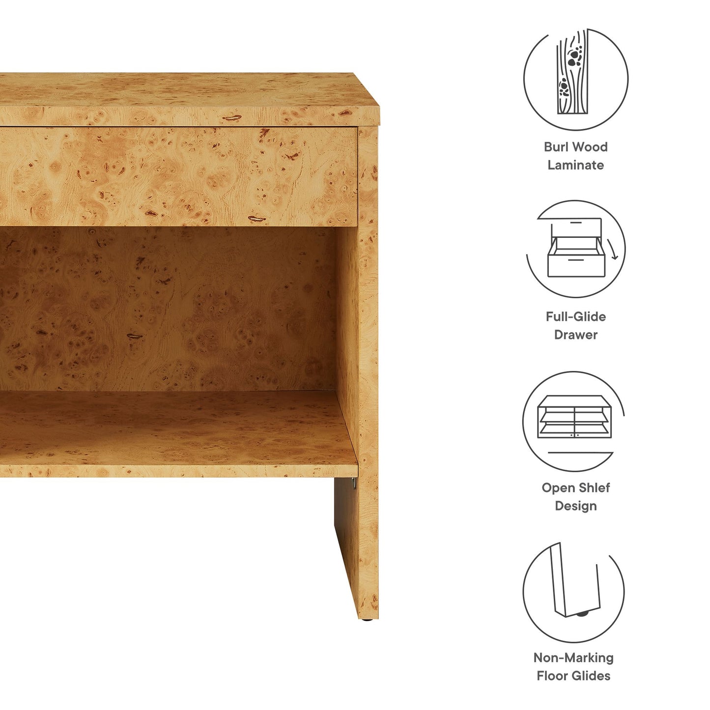 Hudson 1-Drawer Burl Wood Nightstand With Shelf by Modway EEI-6856 FredCo