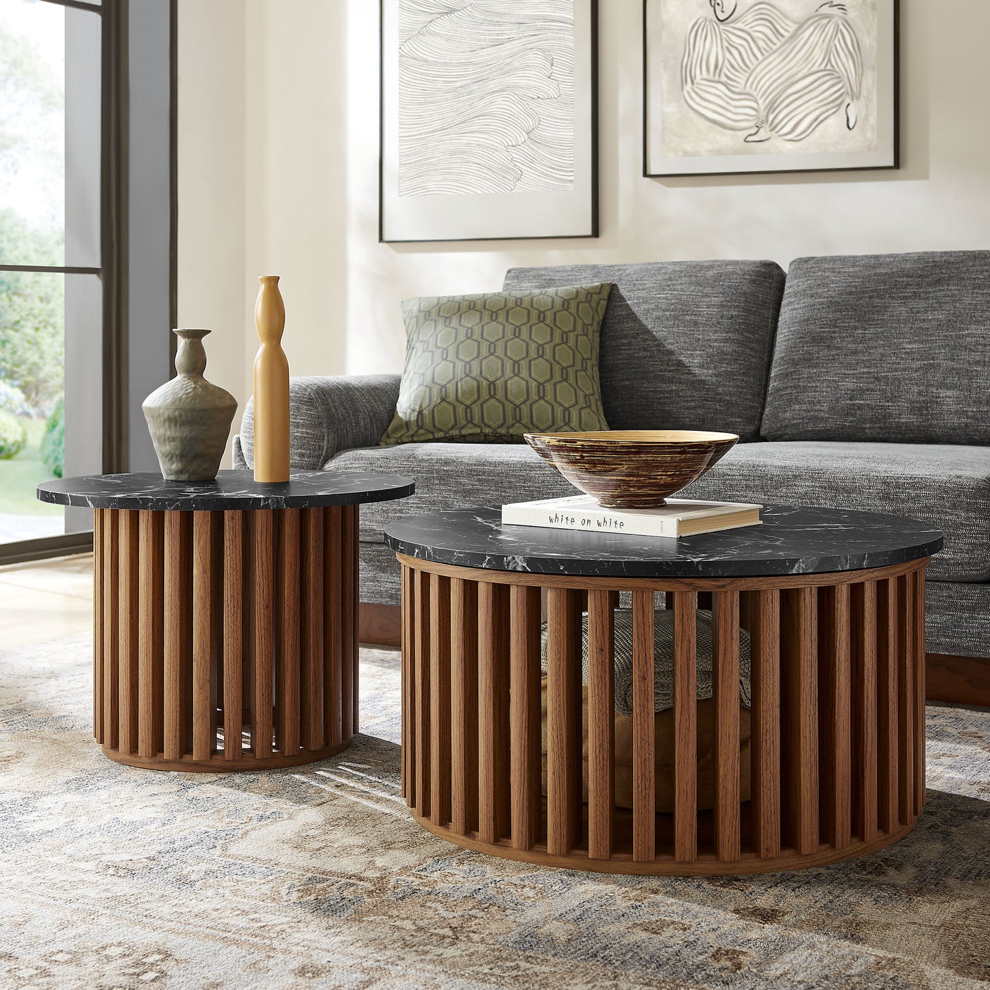 Fortitude Round Faux Marble Top Nesting Coffee Table Set by Modway EEI-7345 FredCo