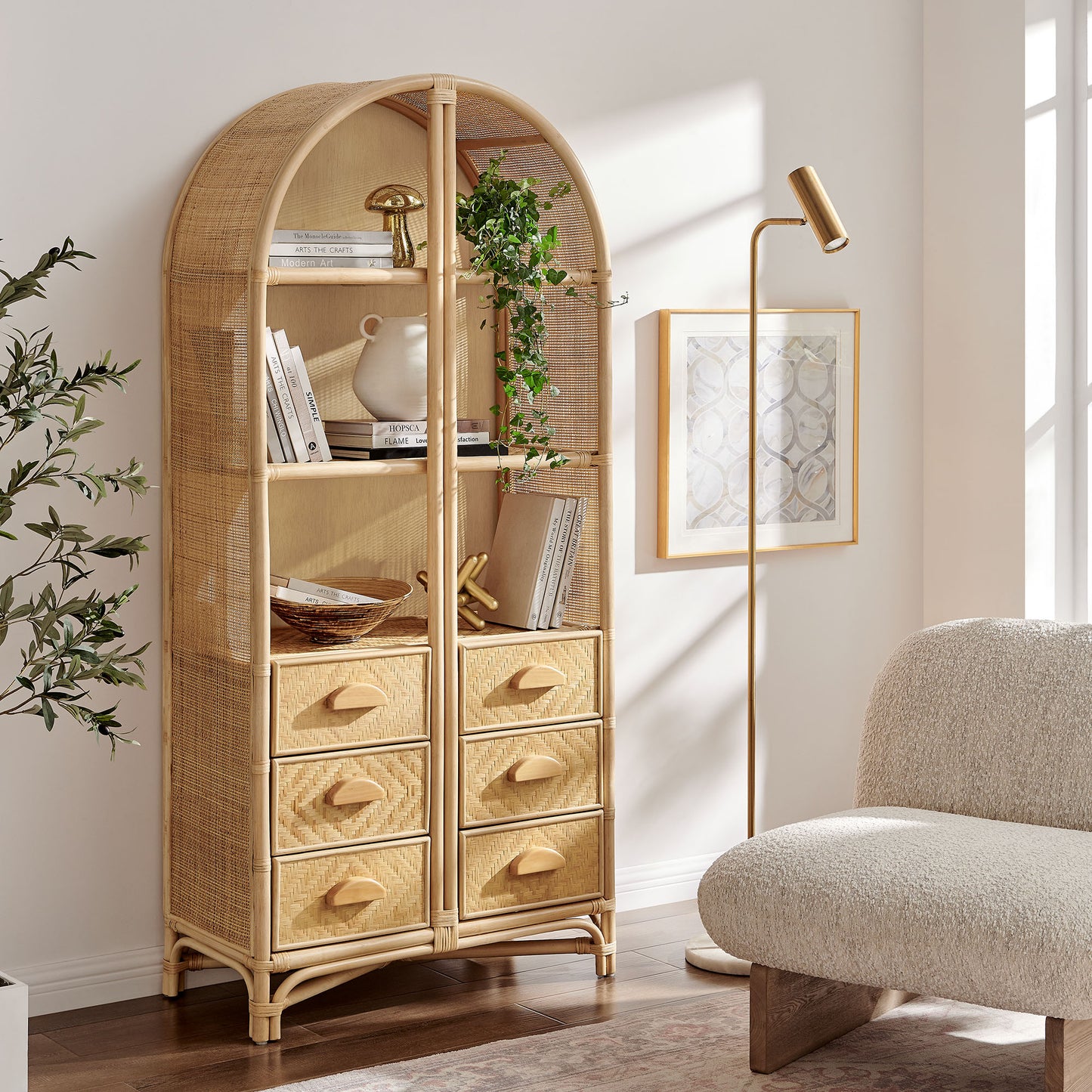 Jane 71 Inch Tall Arched Natural Rattan Bookshelf by Modway EEI-7362
