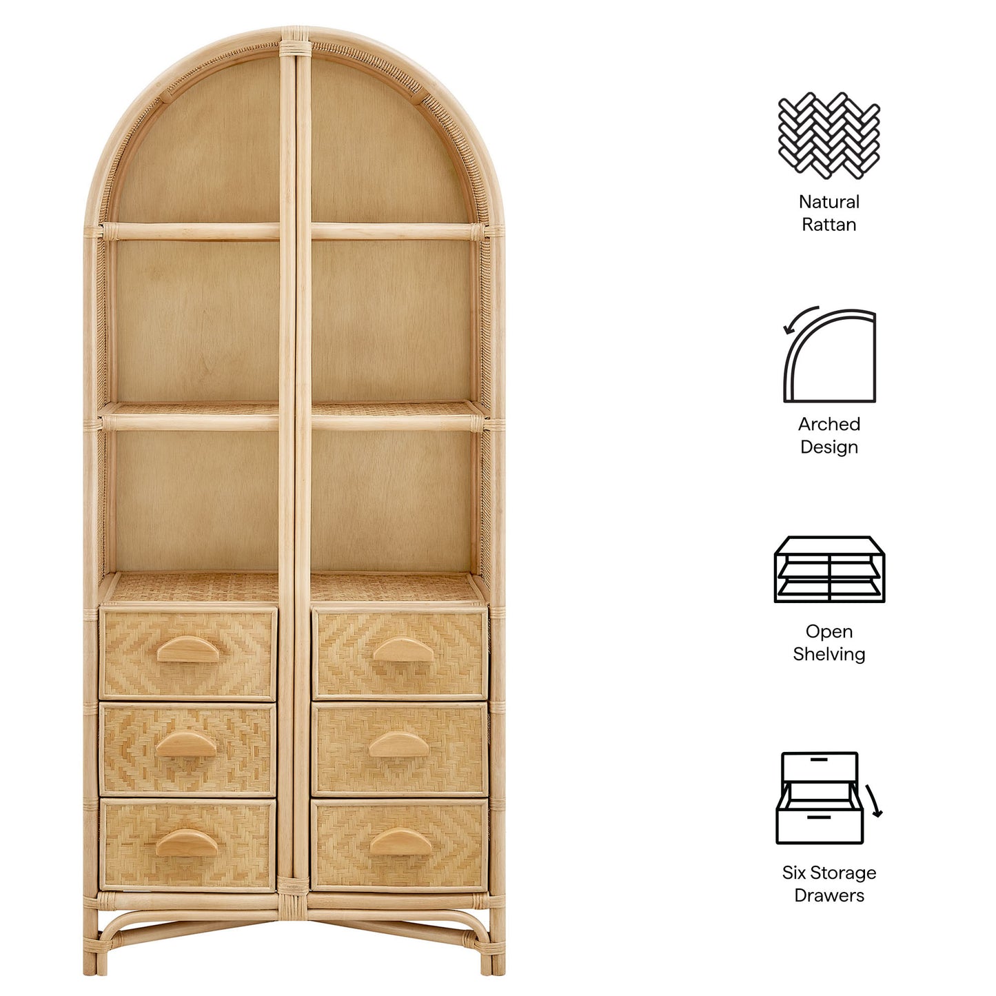 Jane 71 Inch Tall Arched Natural Rattan Bookshelf by Modway EEI-7362