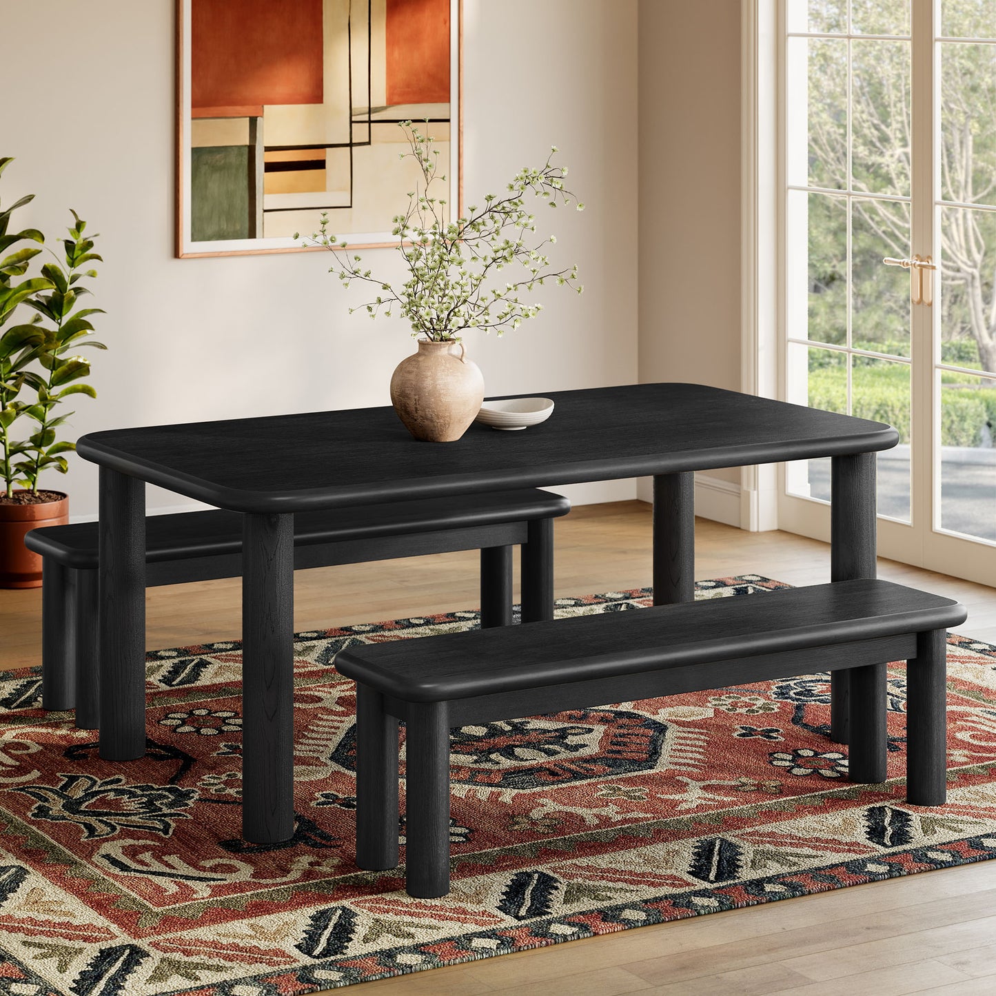 Alvia 3-Piece Oak Wood Dining Table and Benches Set by Modway EEI-7553